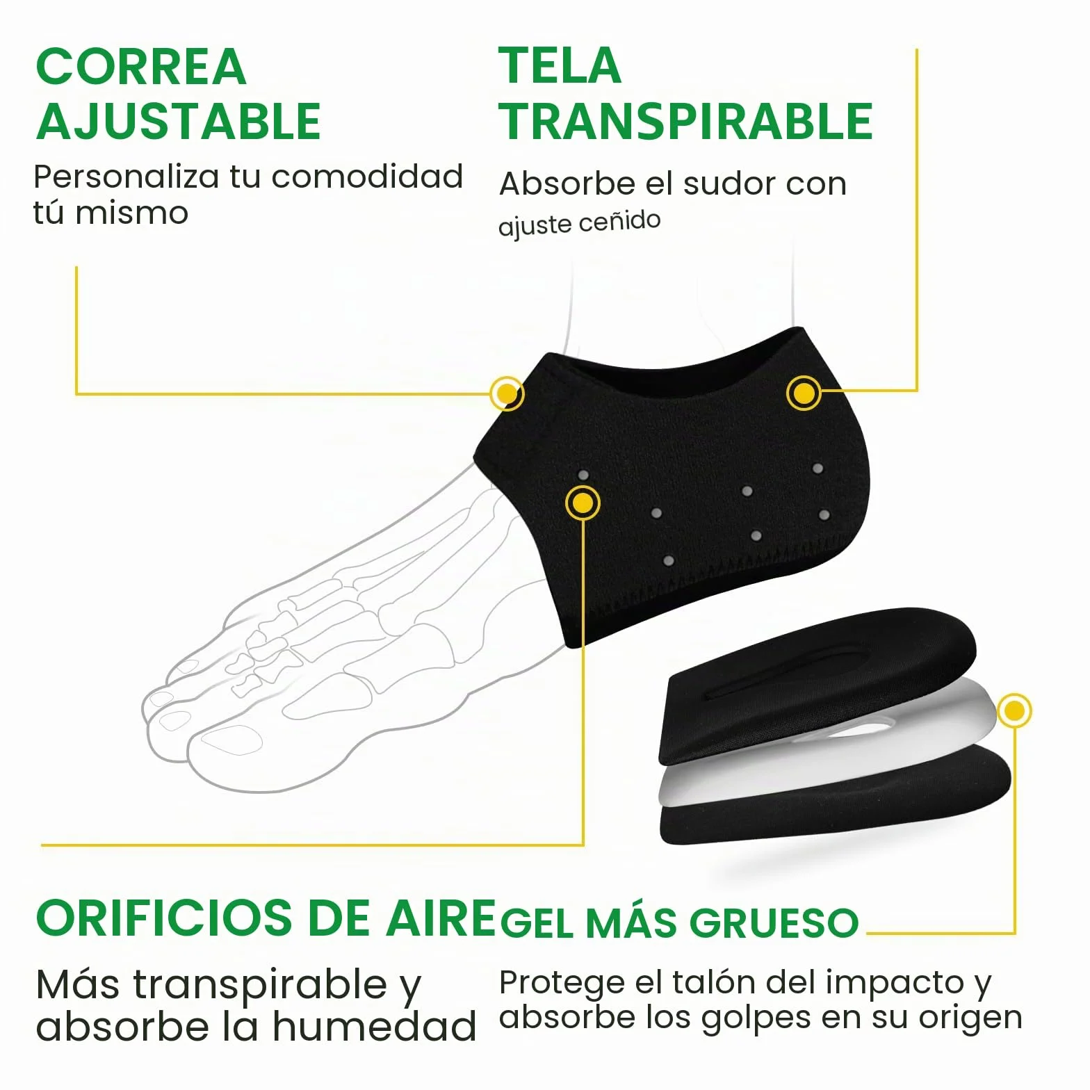 Protector de talón de gel Fascitis plantar Bukihome Copa de talón alivia dolor talón almohadilla apoyo Negro 36-41