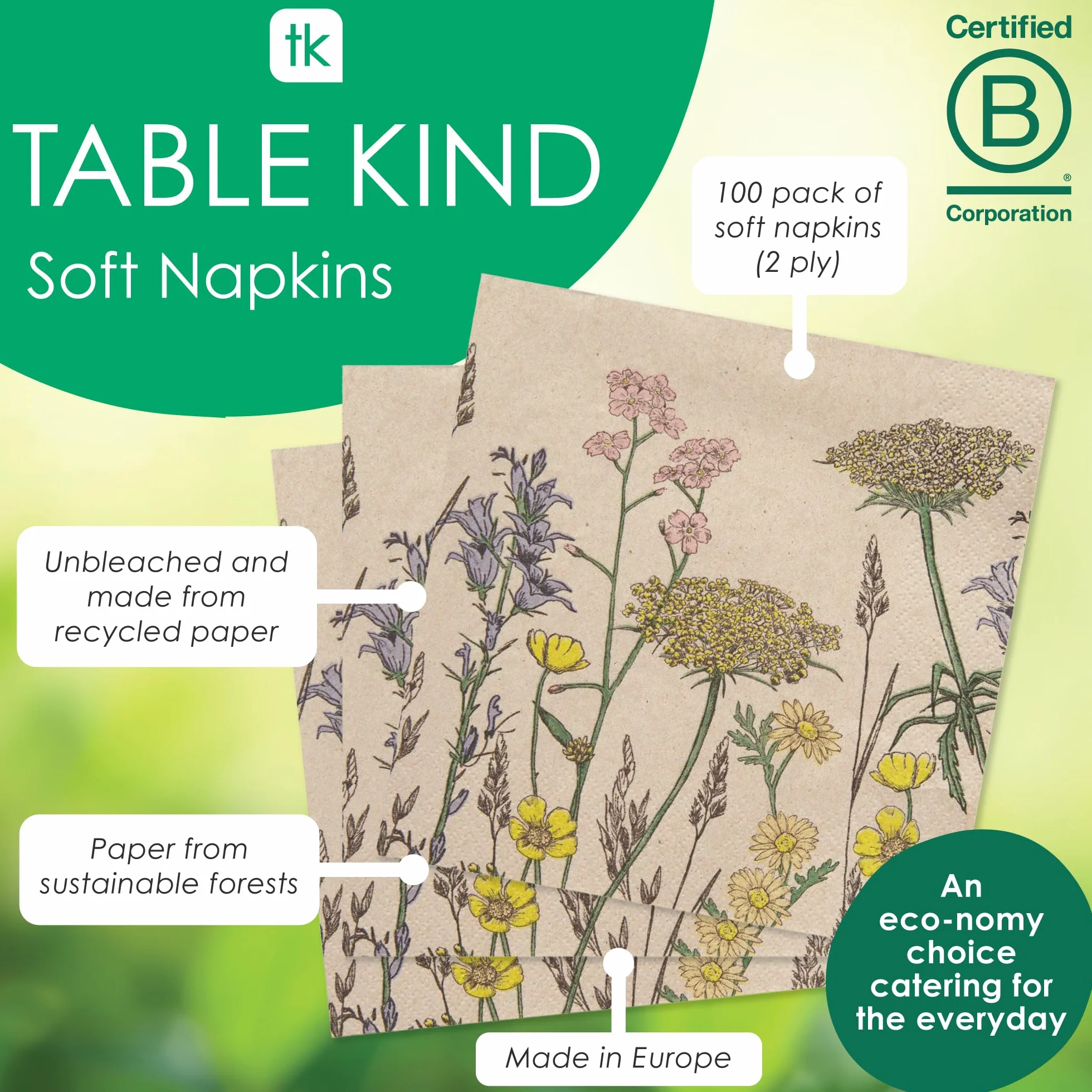 Servilletas de Papel Reciclado Kraft Suave 2 Capas 33cm Flores Silvestres