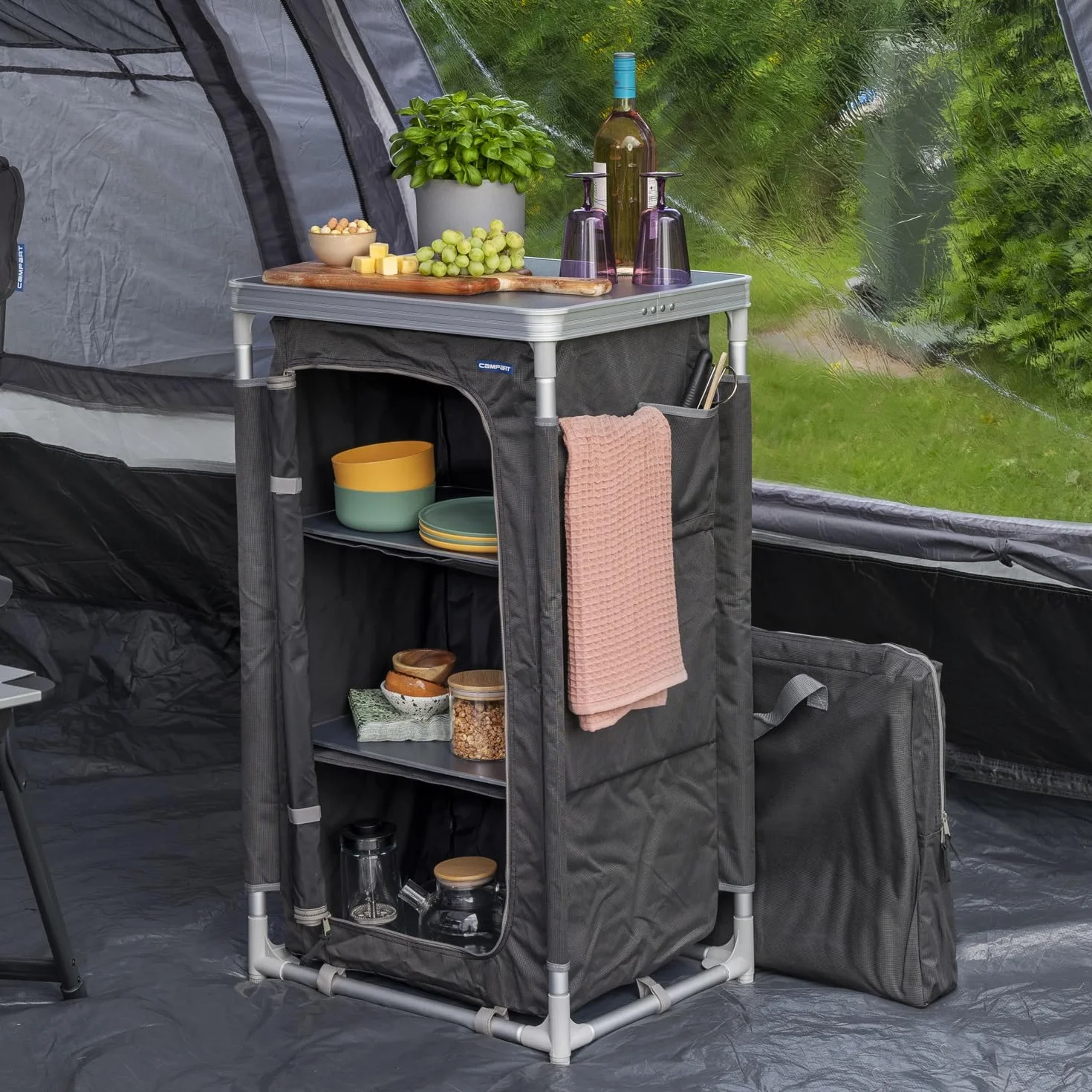 CAMPART Travel CU-0719 Armario de Camping Nice, Tres Compartimentos, Estructura de Aluminio, 97 cm de Altura, Unisex, Gris
