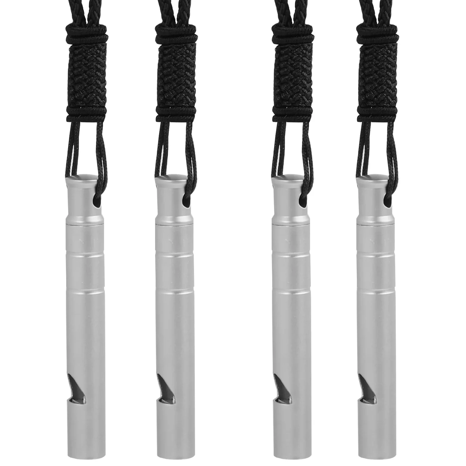 4 silbatos de emergencia de titanio, silbatos de seguridad de supervivencia de 120 dB con cordón negro, silbato fuerte pequeño para salvar vidas al aire libre para entrenadores, deportes, canotaje