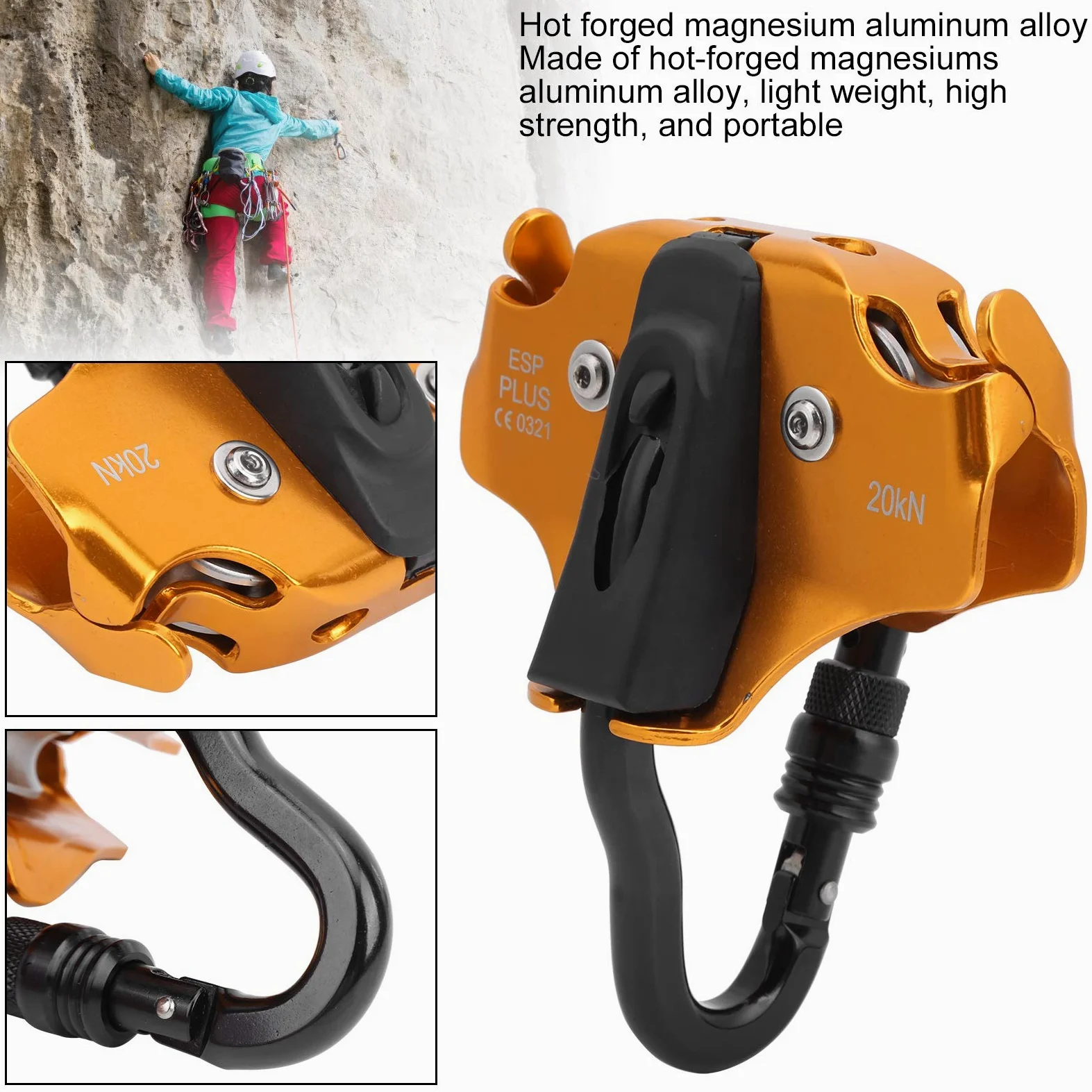 HERCHR Polea De Escalada, Sistema De Polea Doble Polea De Escalada 20KN Herramienta De Transporte De Rodamiento De Carga Antideslizante Fuerte para Aparejos Escalada En Roca Montañismo