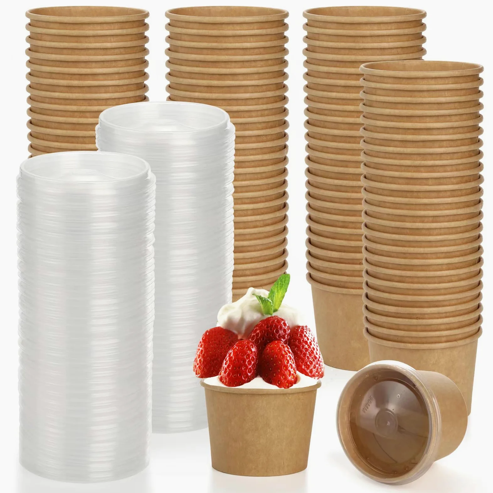 Paquete de 100 recipientes de papel de 8 onzas con tapas, vasos desechables de papel kraft para alimentos, recipientes de sopa resistentes para llevar, cuencos de postre para helado, yogur,