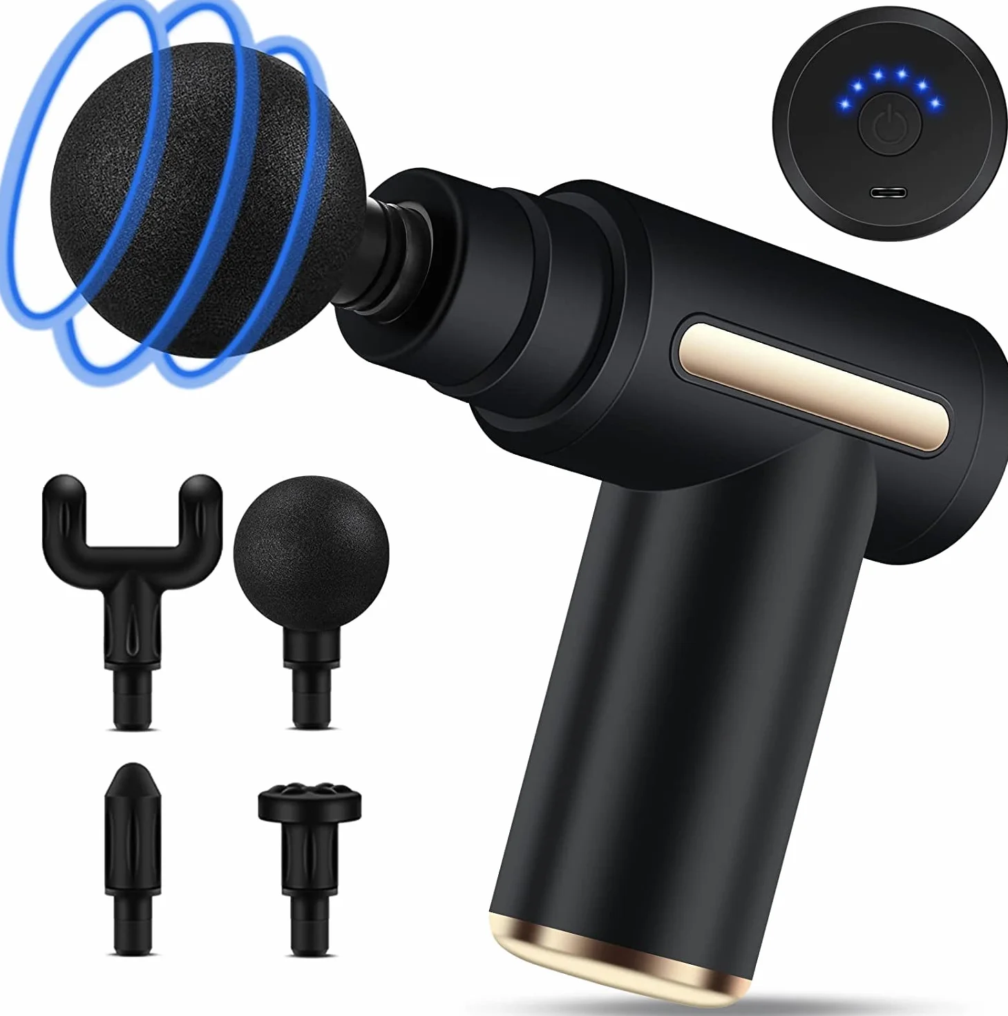 Uplayteck Mini Pistola de Masaje Muscular Portátil 35DB 6 Velocidades 4 Cabezales