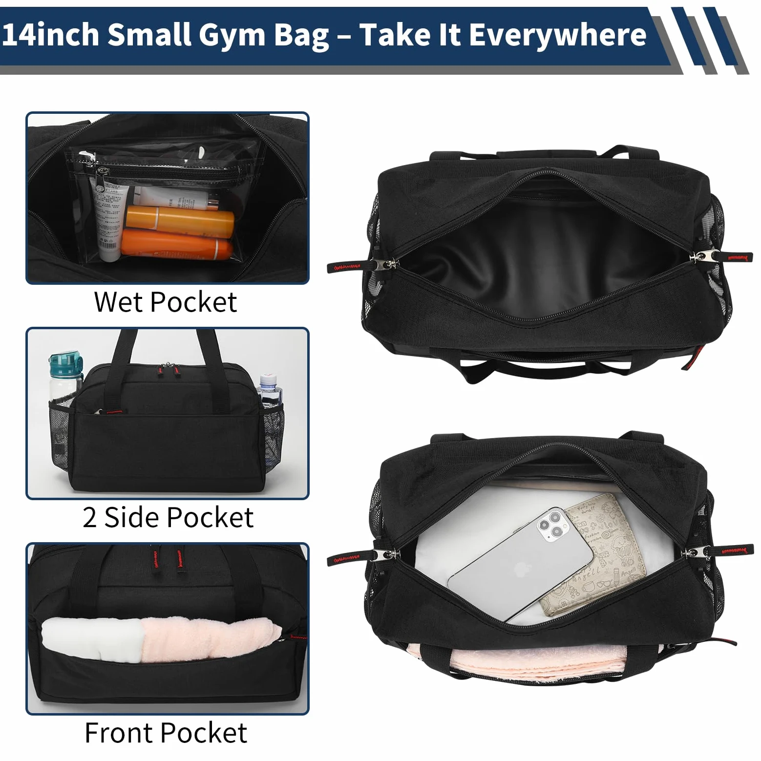 Bolsa de gimnasio pequeña con bolsillo húmedo, Negro -, 35,56 cm, Gimnasio