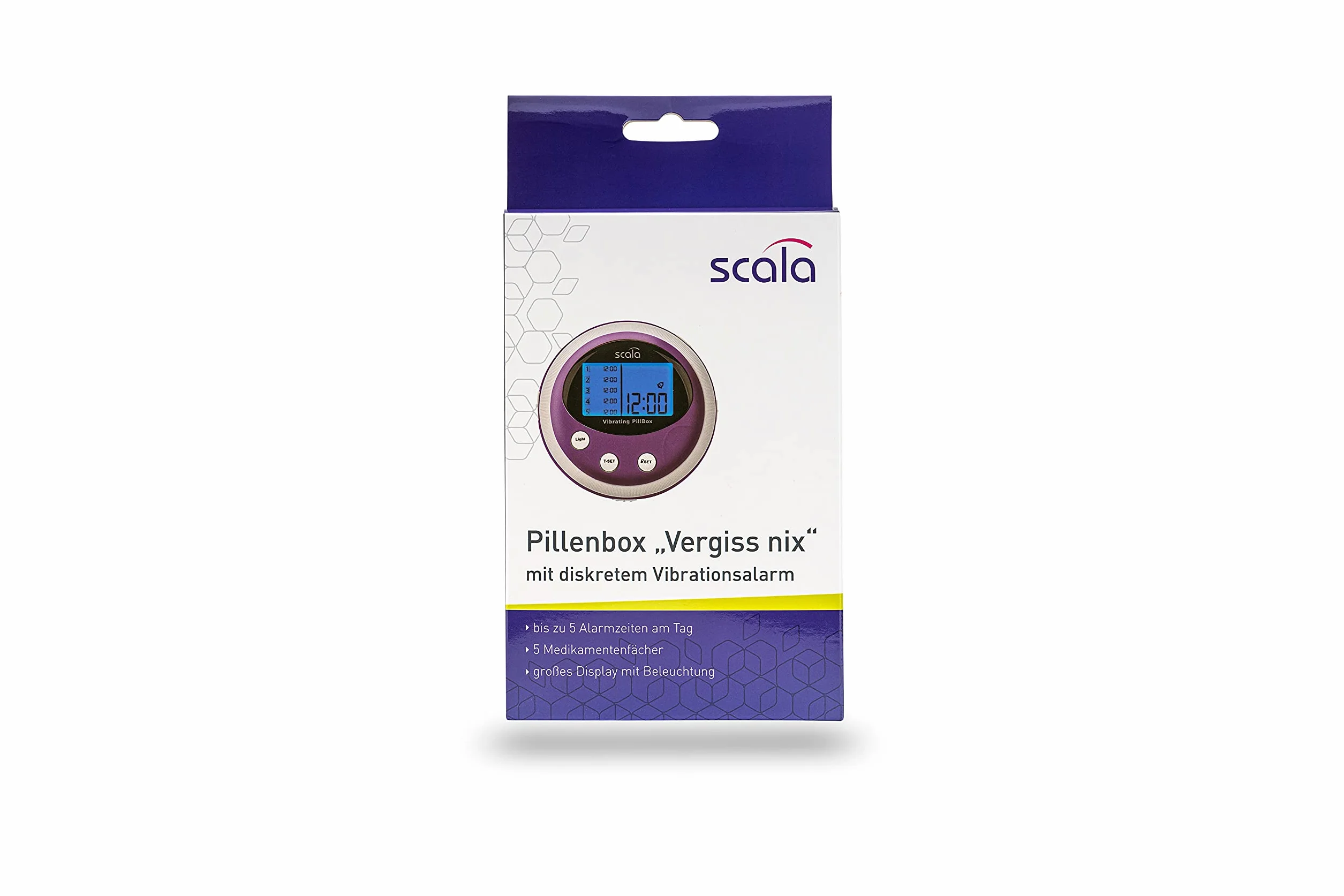 Pastillero con 5 compartimentos y 5 alarmas, color morado