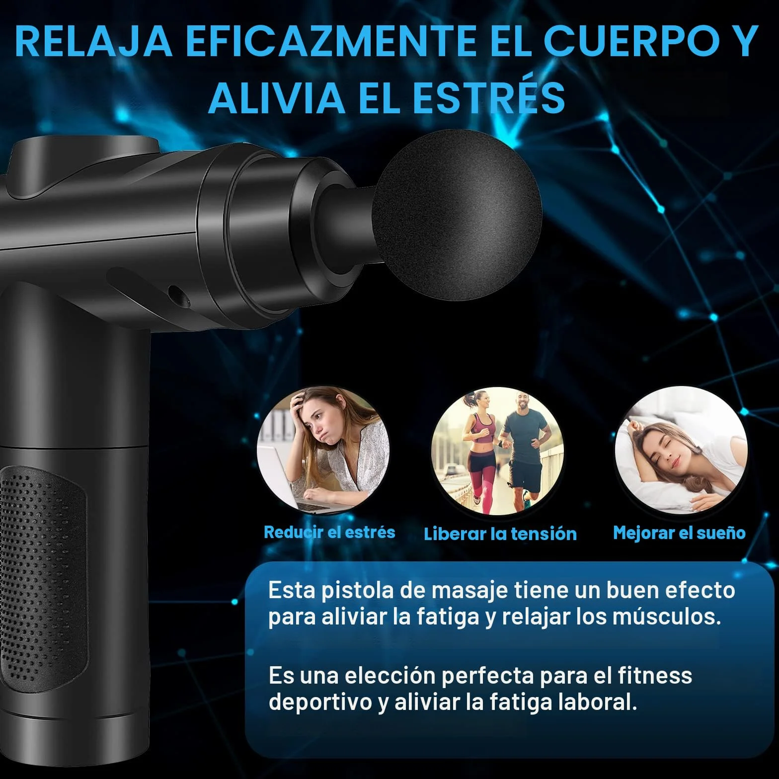 Pistola de Masaje Muscular Profesional con 30 Velocidades, Pantalla Táctil LCD, 10 Cabezales, Negro