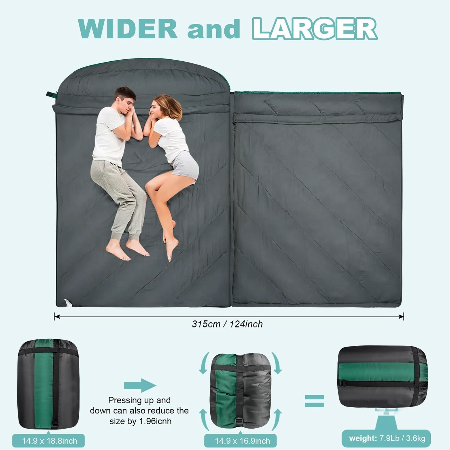 Saco de dormir doble, saco de dormir para 2 personas, tamaño Queen, para adultos, parejas, familia, camping, mochileros, XL, impermeable, ligero, para clima frío y cálido (azul lago)