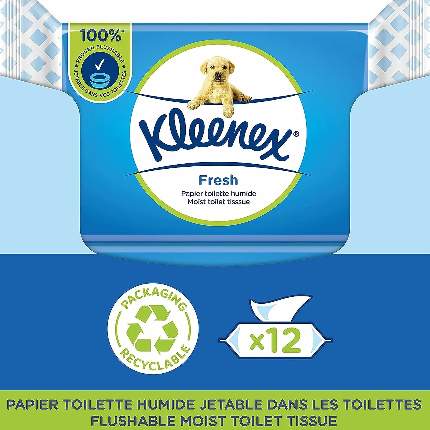 KLEENEX Papel higiénico Fresh Wet 12 paquetes 42 hojas desechable inodoro fibras naturales sin plástico