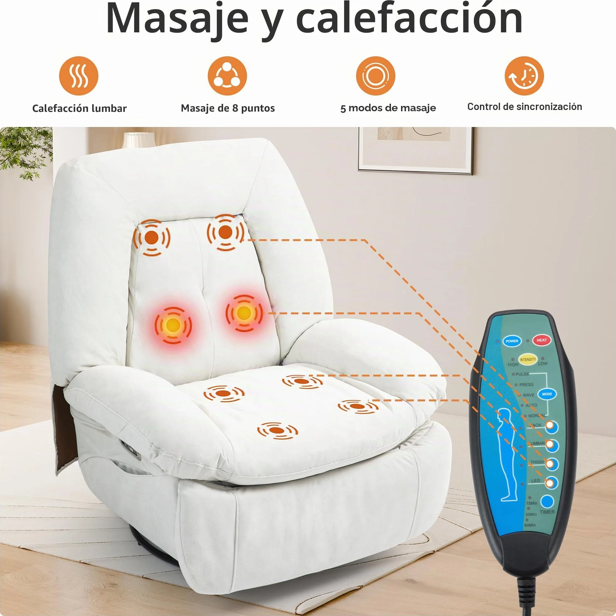 Sillón de Relax Eléctrico con Masaje, Calefacción y Vibración, Giratorio, Puertos USB-C, Reclinable para TV, Salón (Blanco)