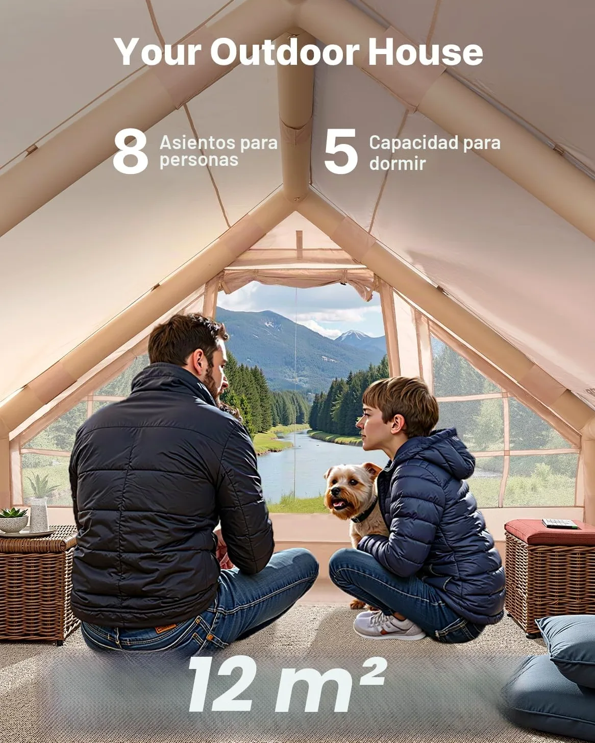 VEVOR Tienda Inflable para Acampar, Carpa Inflable de para Personas con Bomba Manual, Conector para Estufa, Puertas y Ventanas de Malla, Bolsa de Almacenamiento