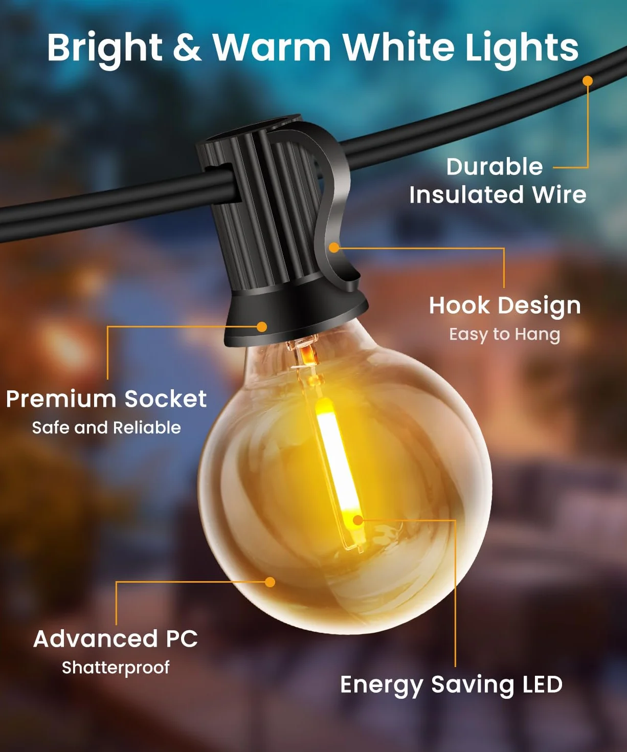 Rintea Guirnalda Luces Exterior 20M 66FT 30+2 Bombillas Blanco Cálido 2700K IP44 Impermeable LED Jardín