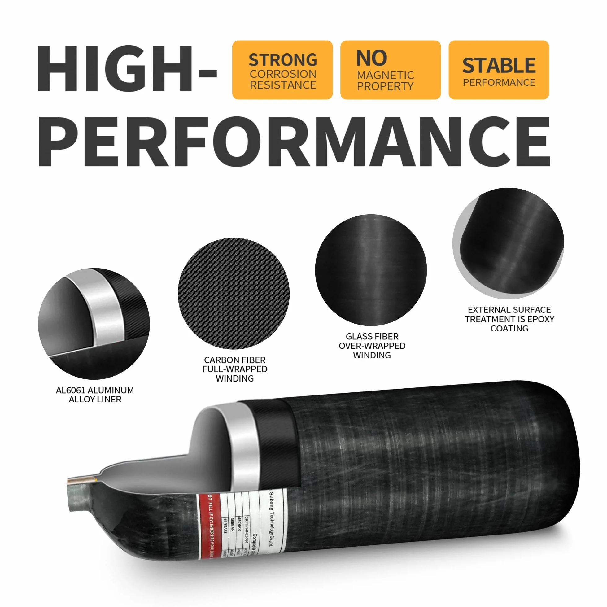 TUXING Depósito de Aire de Fibra de Carbono Paintball HPA de 6.8L/414ci (no Dot), Sistema de Aire PCP de 4500 PSI