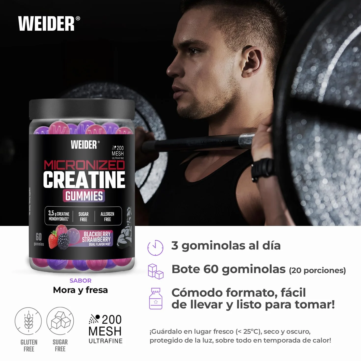 Weider Micronized Creatine Gummies 60 gominolas Sabor DUO Fresa-Mora 3,5g creatina monohidrato 200 MESH porción 20 porciones