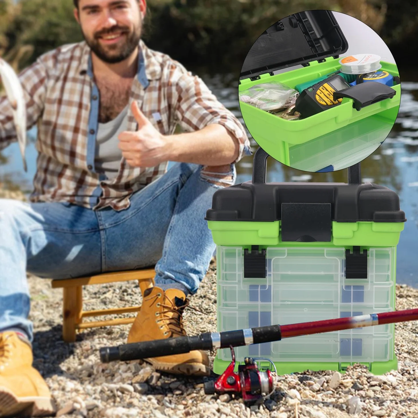 Caja de aparejos de pesca, caja de pesca de 4 capas, cajas de aparejos, almacenamiento superior de acceso rápido con tapa para equipo de pesca y accesorios, (verde) KUKLIPJIM
