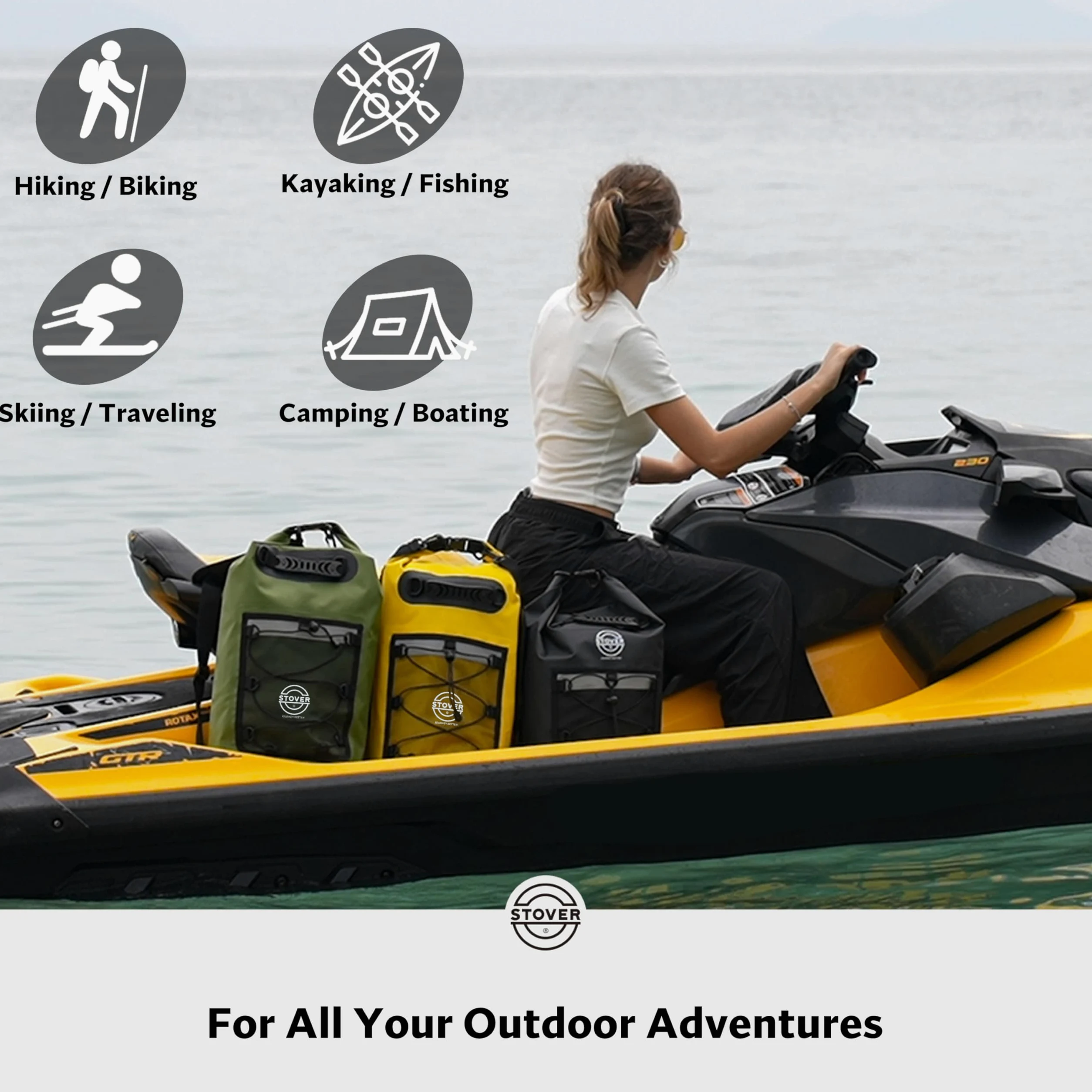 STOVER Bolsa seca impermeable de 25/30/40/55 L, mochila seca resistente con parte superior enrollable para kayak, canotaje, camping, hombres y mujeres, 25 l+ amarillo, 25L, Bolsa seca
