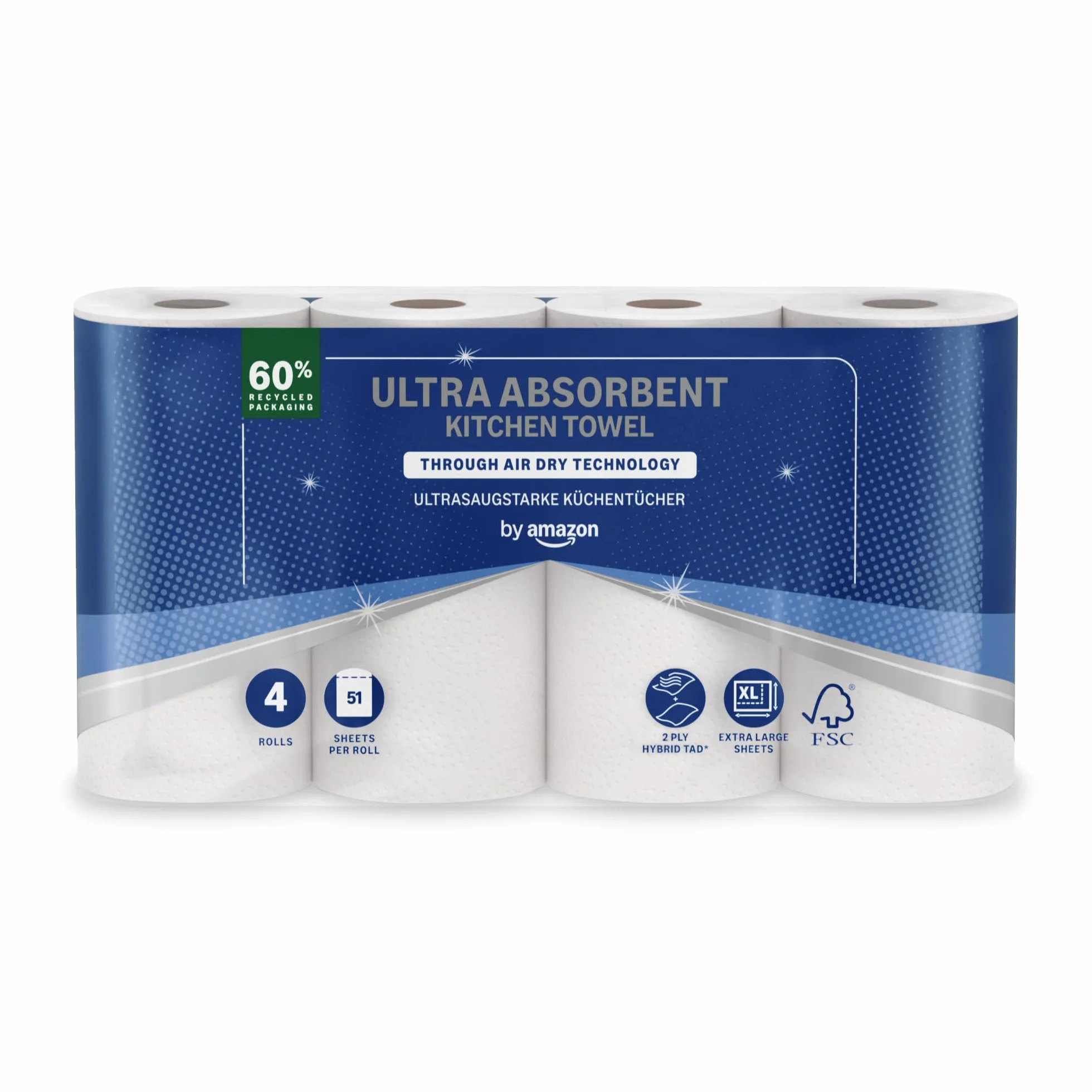 Rollo de Cocina TAD Ultraabsorbente by Amazon, 4 Rollos, 51 Hojas, Certificado FSC