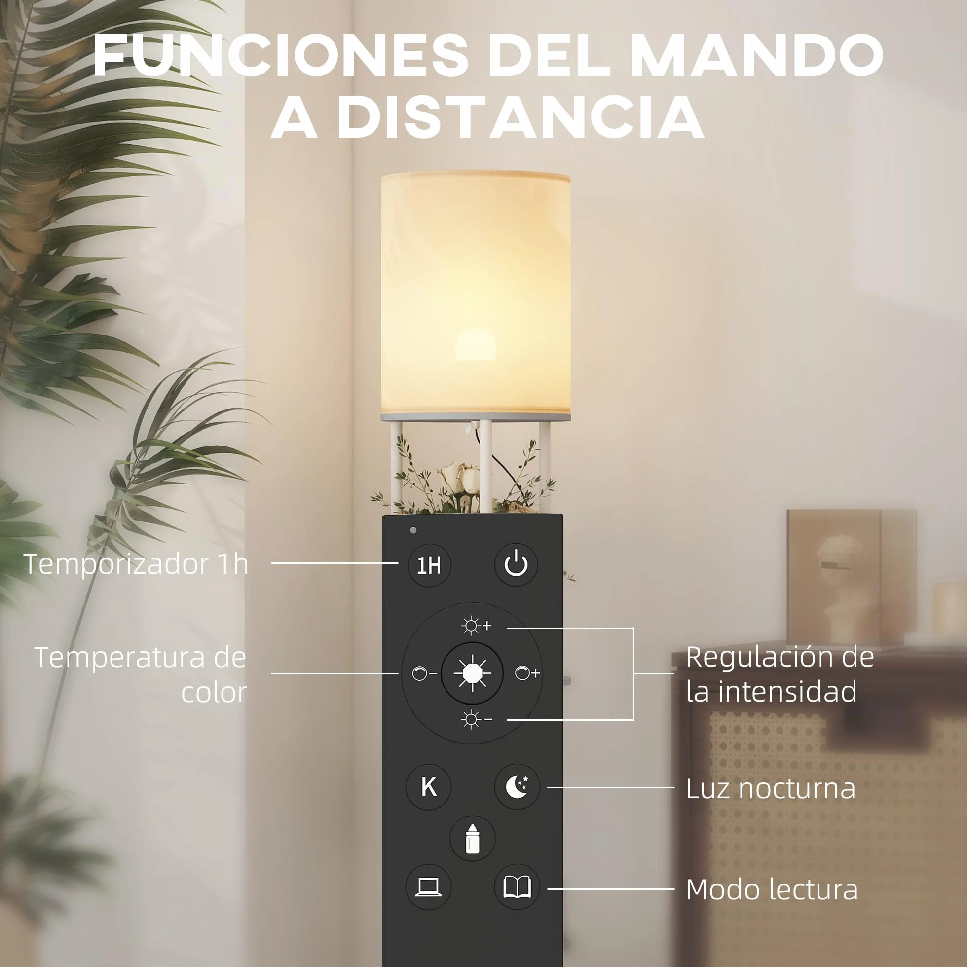 HOMCOM Lámpara de Pie con Estantes, 3 Temperaturas de Color, Control Remoto, Gris