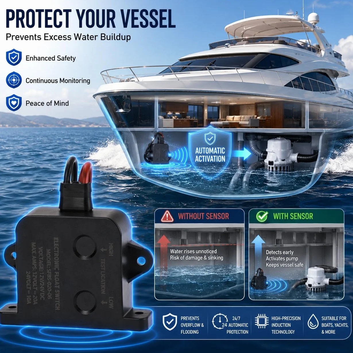 Sensor de bomba de sentina marina 24V Alarma automática Interruptor de flotador Nivel de agua para yates
