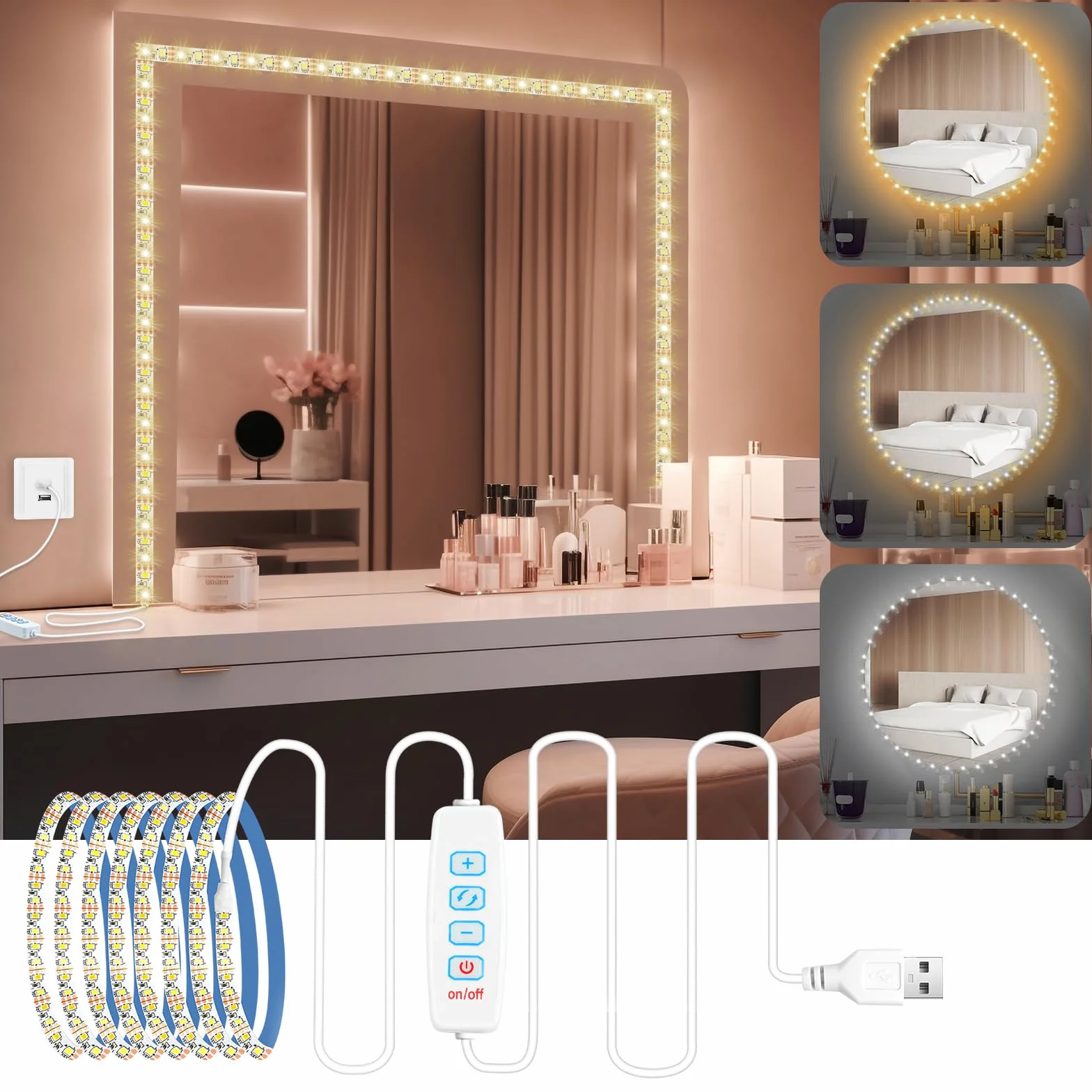 Luces LED de Espejo 2M, 3 Colores Ajustable Luz de Tocador, Lámpara para Maquillaje