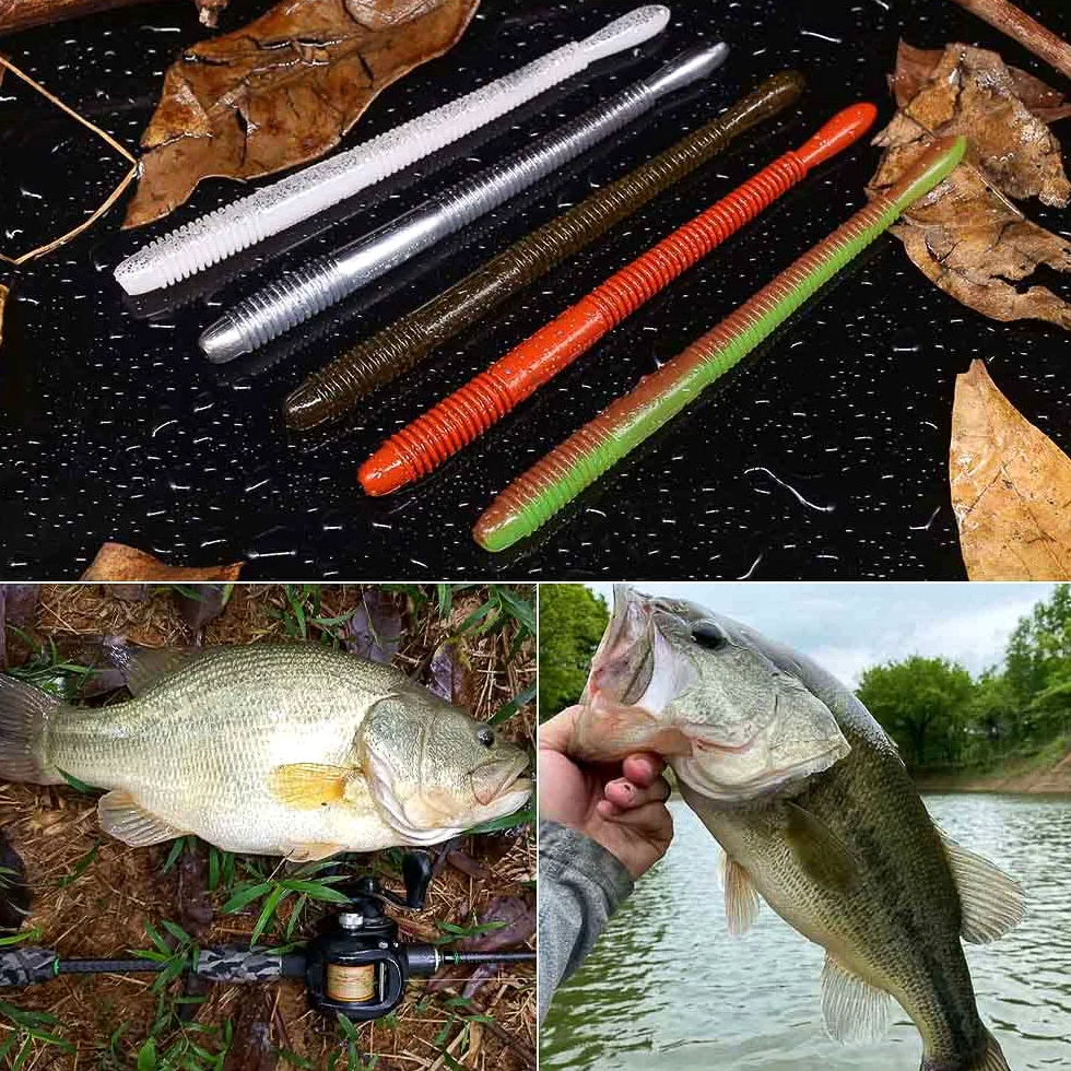 Gusanos de pesca de plástico suave, gusanos de goma de 4 pulgadas, gusanos locos, cebos de cola recta, kit de 49 piezas con 25 cuerpos, 18 ganchos, 6 pesos