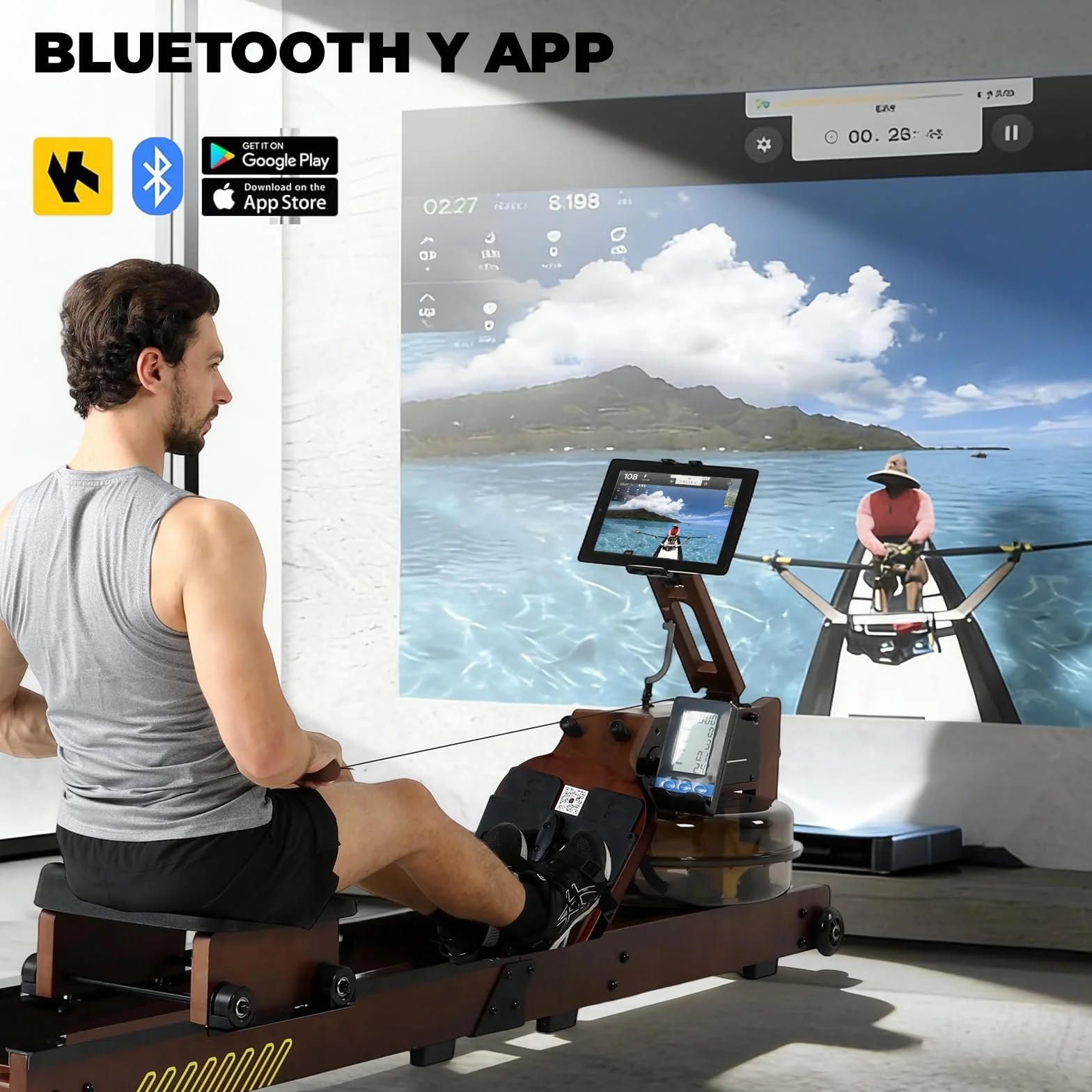 ISE Máquina de Remo de Agua de Madera de Roble, Remeros de Casa con Bomba de Agua Manual, Pantalla LED Ángulo Ajustable, App, Soporte para Tableta