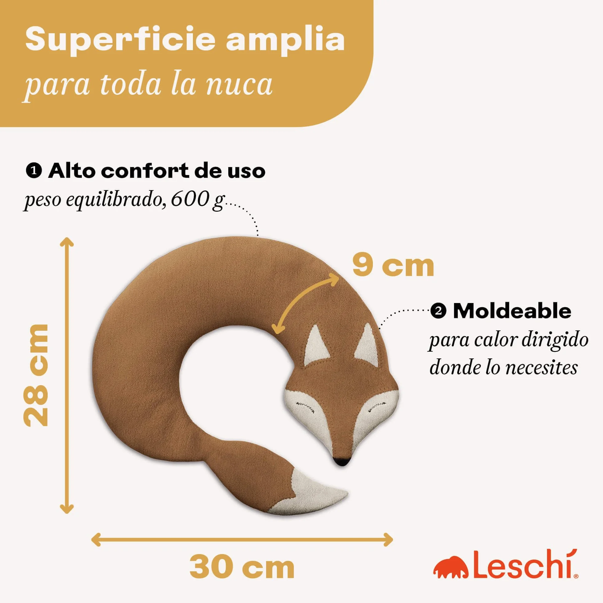 LESCHI Saco Térmico de Semillas para Microondas, 100% Algodón y Trigo Orgánicos, Bolsa para Cuello, Cervical y Espalda, Forma de Zorro, Marrón