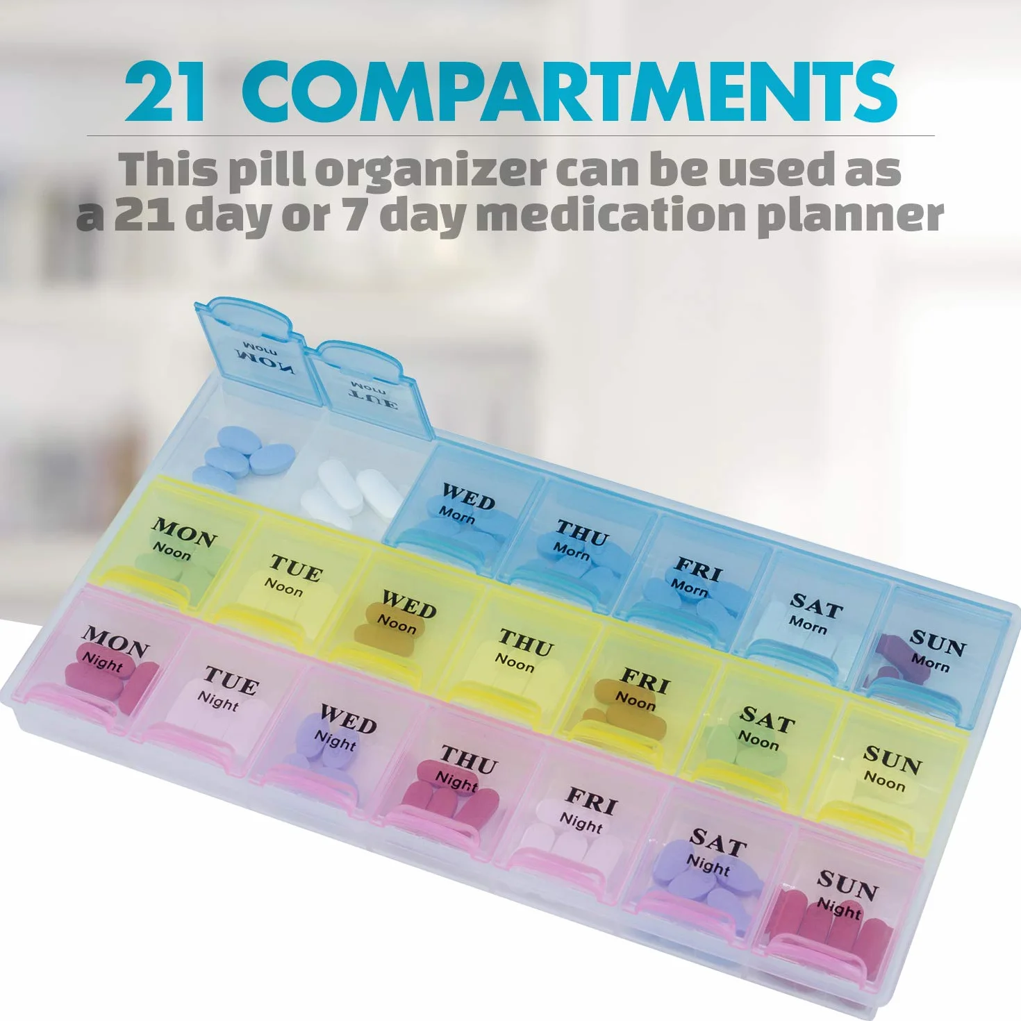 Pastillero semanal para vitaminas y medicamentos, organizador 21 tomas, 3 tomas diarias, 2 unidades