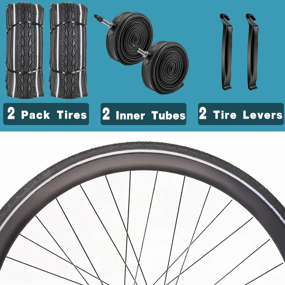 Neumáticos y tubos reflectantes para bicicleta de carretera de 700 x 35 c con válvula Presta, 2 palancas a prueba de pinchazos