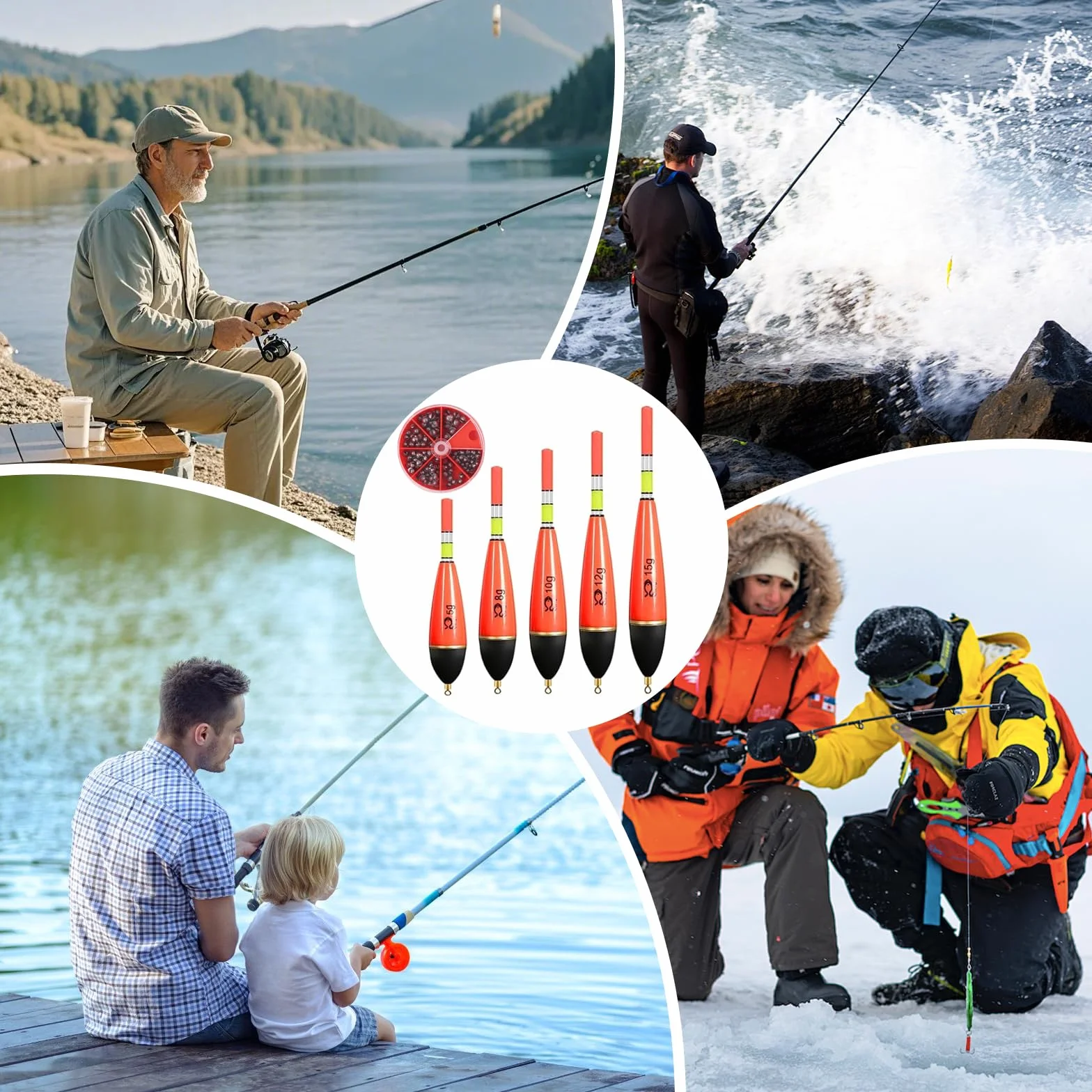 6 Piezas Juego de Flotadores De Pesca con Caja De Plomo, 5g 8g 10g 12g 15g Flotador Luminoso Brillante, Pesca ASccesorios para Diferentes Tipos De Peces como Trucha, Anguila, Carpa