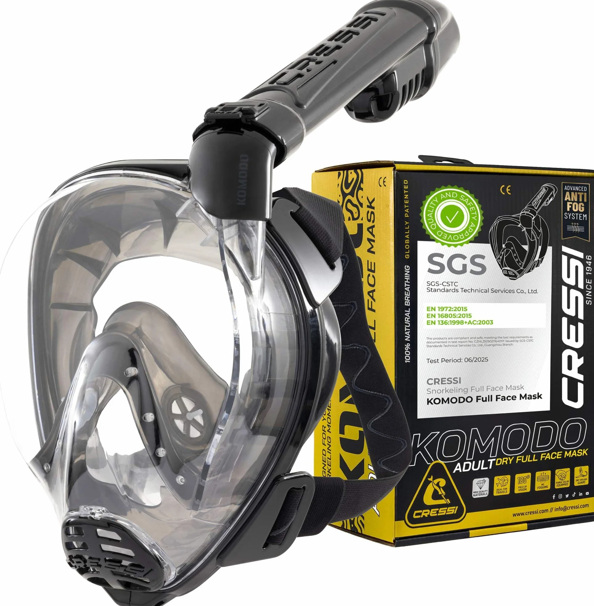 CRESSI Desde 1946 - Komodo Full Face Máscara Integral Seca para Snorkel Visión de 180° - CO2 Seguro - Silicona 100% Antivaho - Tubo Lateral - Correas Elásticas Ajustables