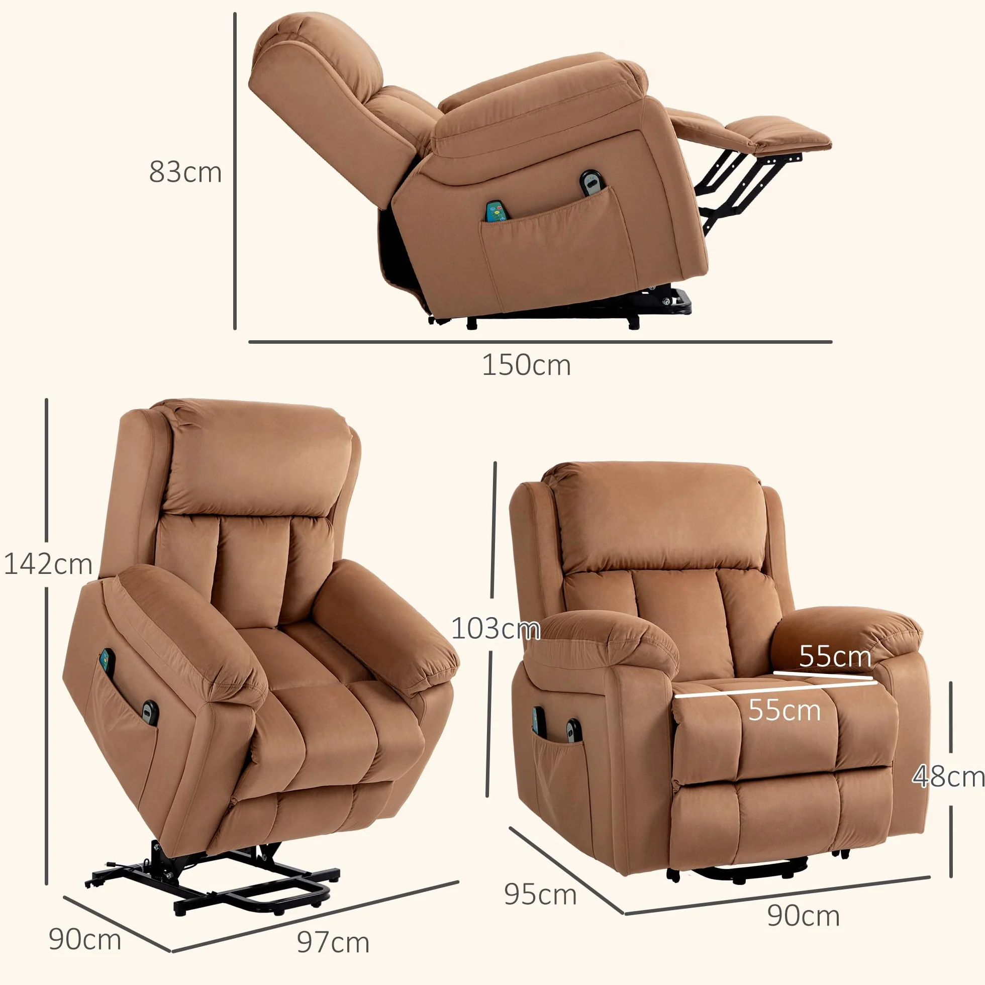 HOMCOM Sillón Relax Reclinable Eléctrico Levanta Personas con Masaje y Calor, Cuero Sintético, Marrón