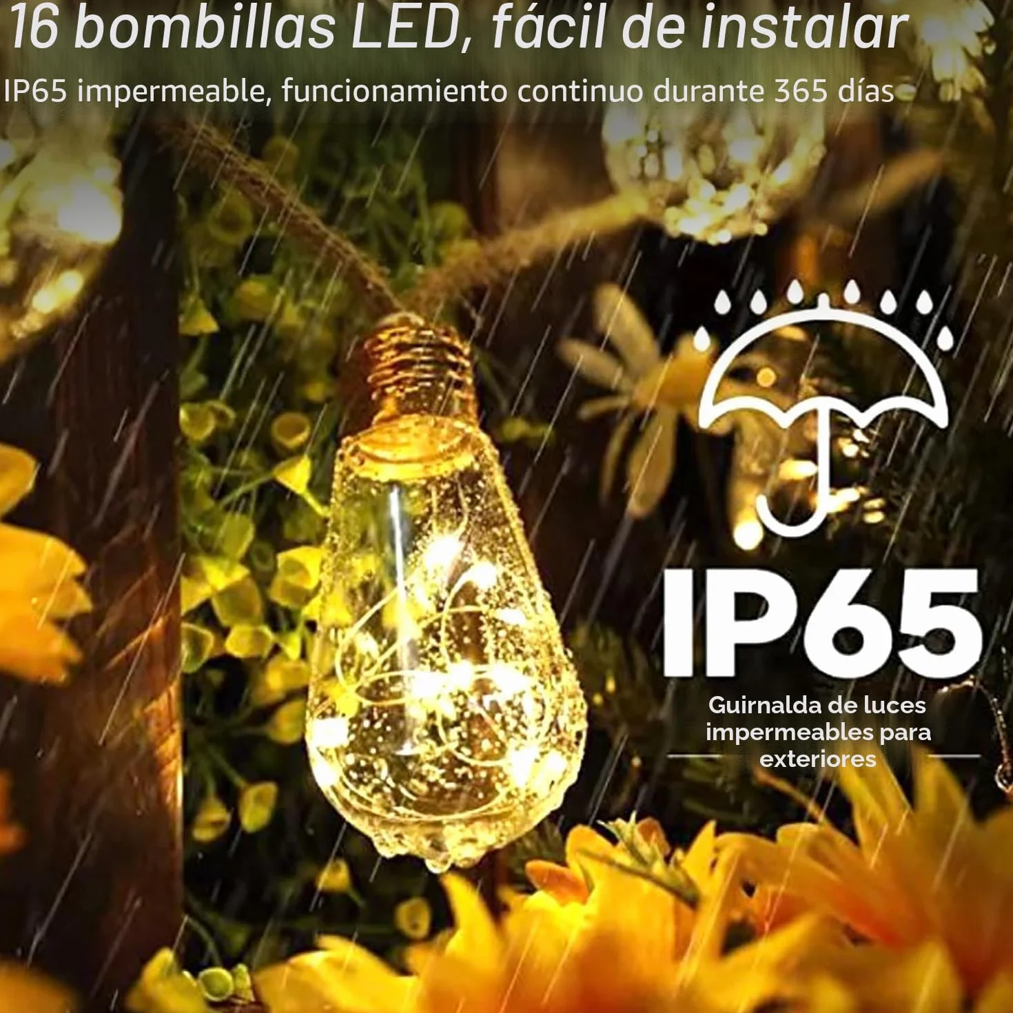Guirnaldas Luces Exterior Solar 8M 16 Bombillas Plástico Irrompible 8 Modos IP65 Impermeable Blanco Cálido
