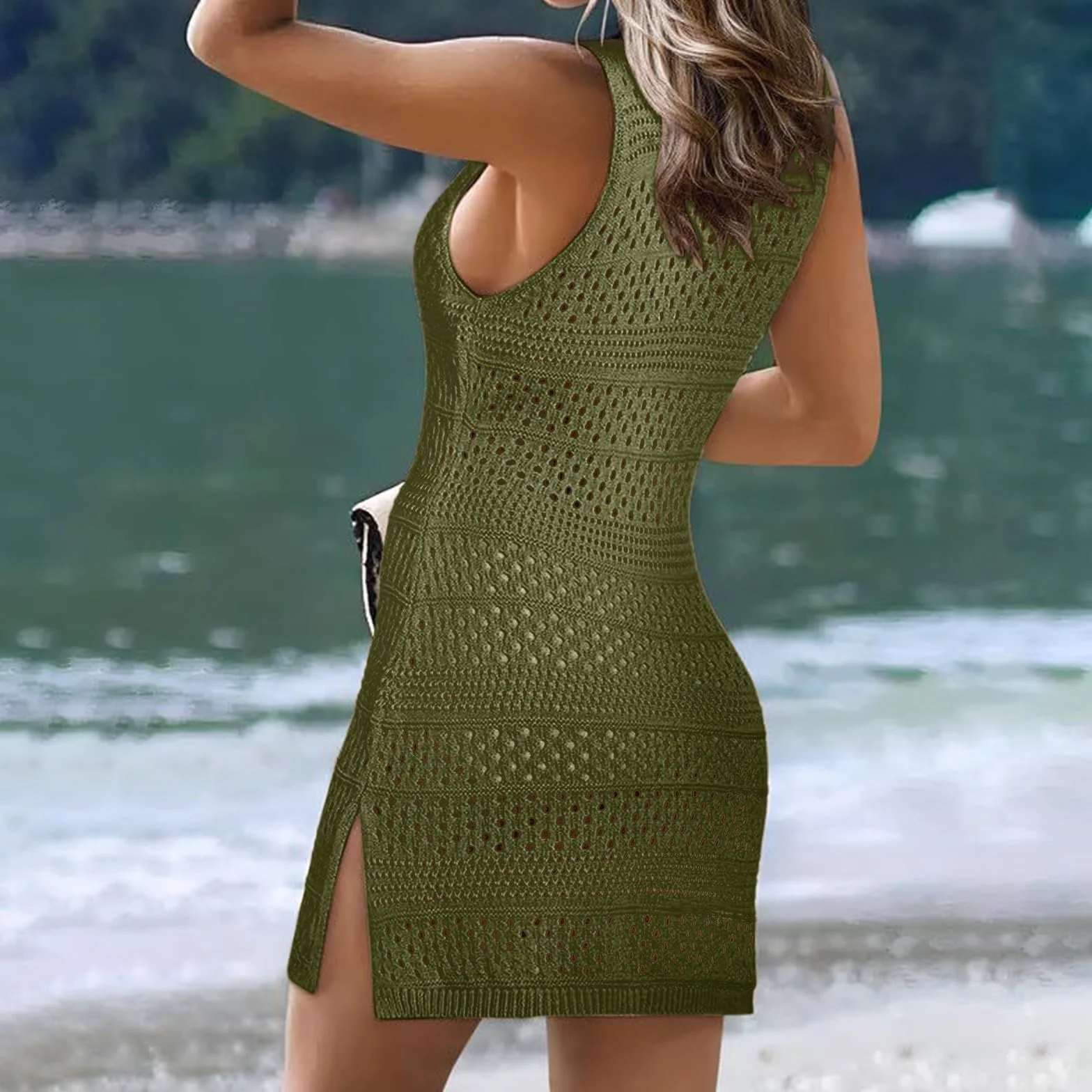 Generisch Vestido de ganchillo para mujer, vestido de playa, bikini, hueco, sin mangas, estilo bohemio, minivestido
