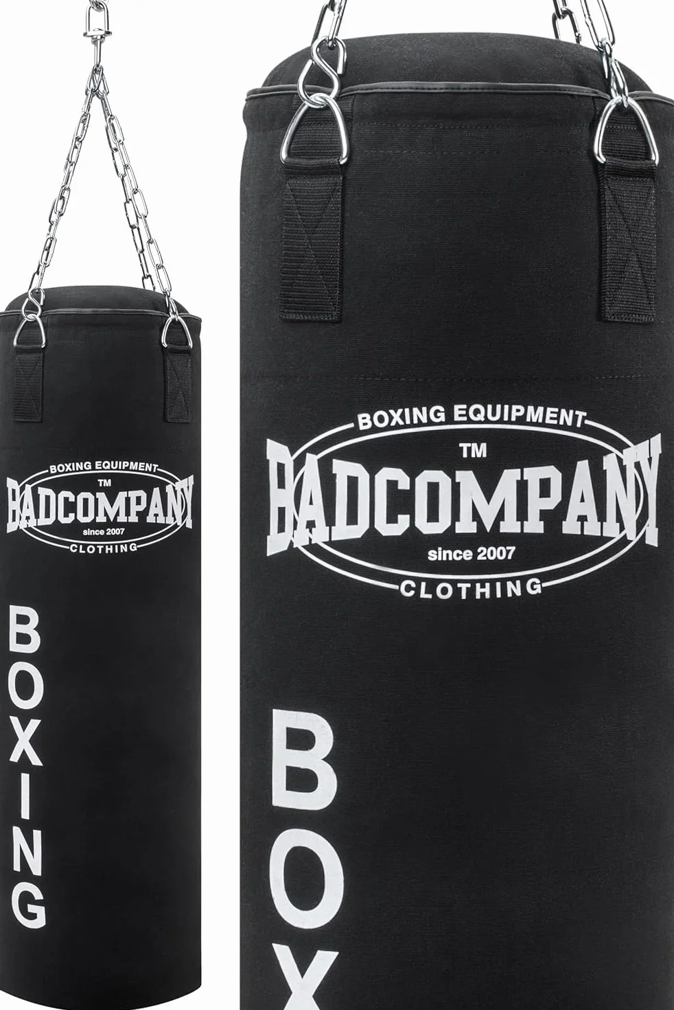 Bad Company Saco de boxeo con cadena de acero resistente, relleno y sin relleno, 80 x 30 cm, 100 x 30 cm