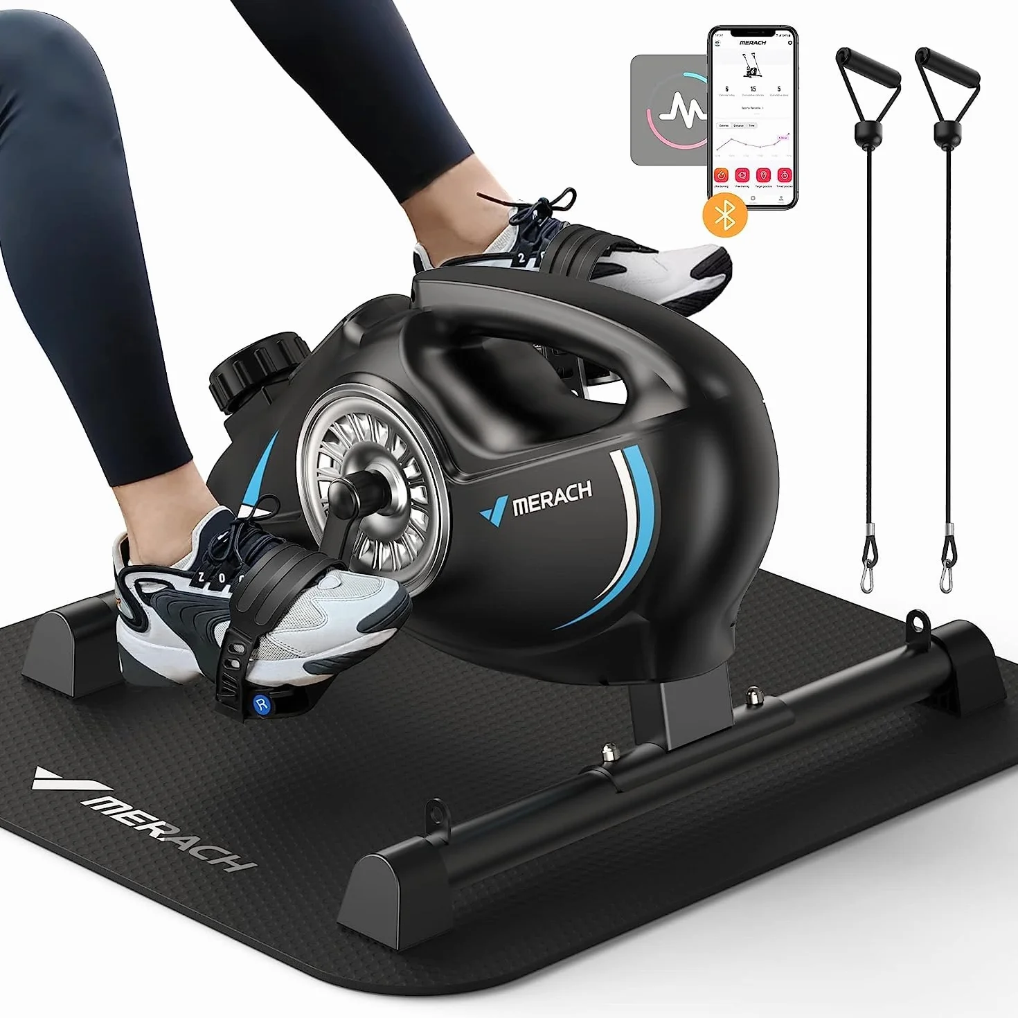 MERACH Pedaleador, Mini Bicicleta Estática con 2 Bandas de Resistencia, Pedales Estaticos Personas Mayores con Tapete Antideslizante, Dispositivo de Ejercicios para el Hogar y la Oficina