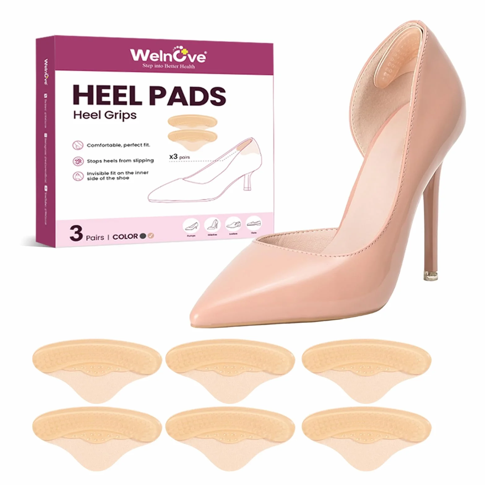 Welnove Taloneras para zapatos 3 pares protector talón almohadillas antideslizantes Beige