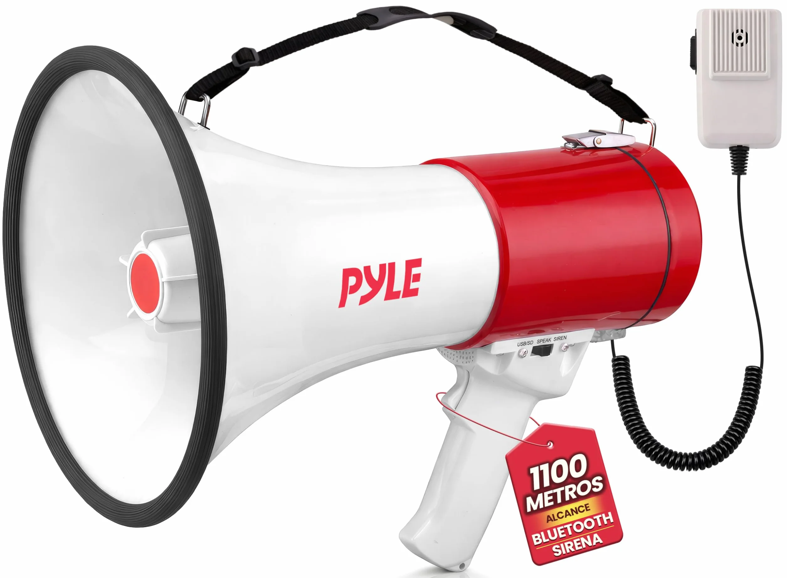 Pyle Altavoz Portátil 50V con Sirena, Volumen Ajustable, Entrada AUX, Correa para Hombro