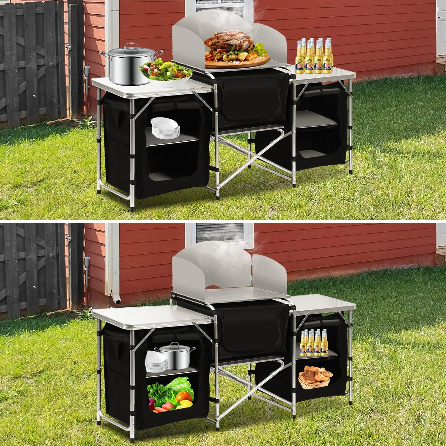Cocina de camping, armario de camping plegable con protección contra salpicaduras, bolsa de transporte, incluye muebles de camping, cocina de camping al aire libre, con estructura de aluminio,
