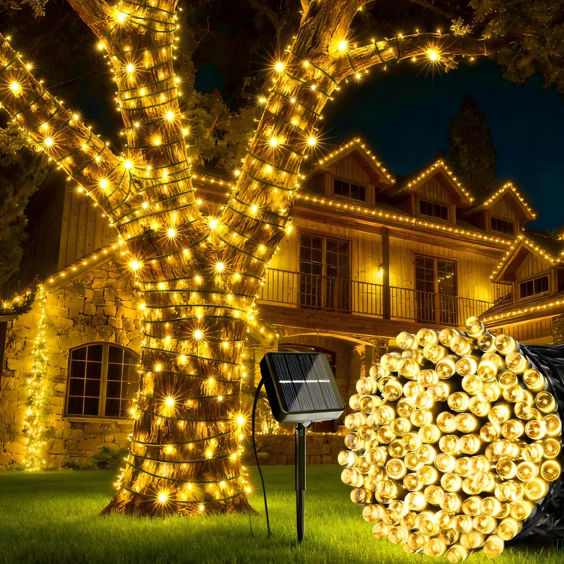 Guirlanda Solar para Exteriores 12m 100 Led Resistente a la Intemperie 8 Modos Impermeable Blanco Cálido