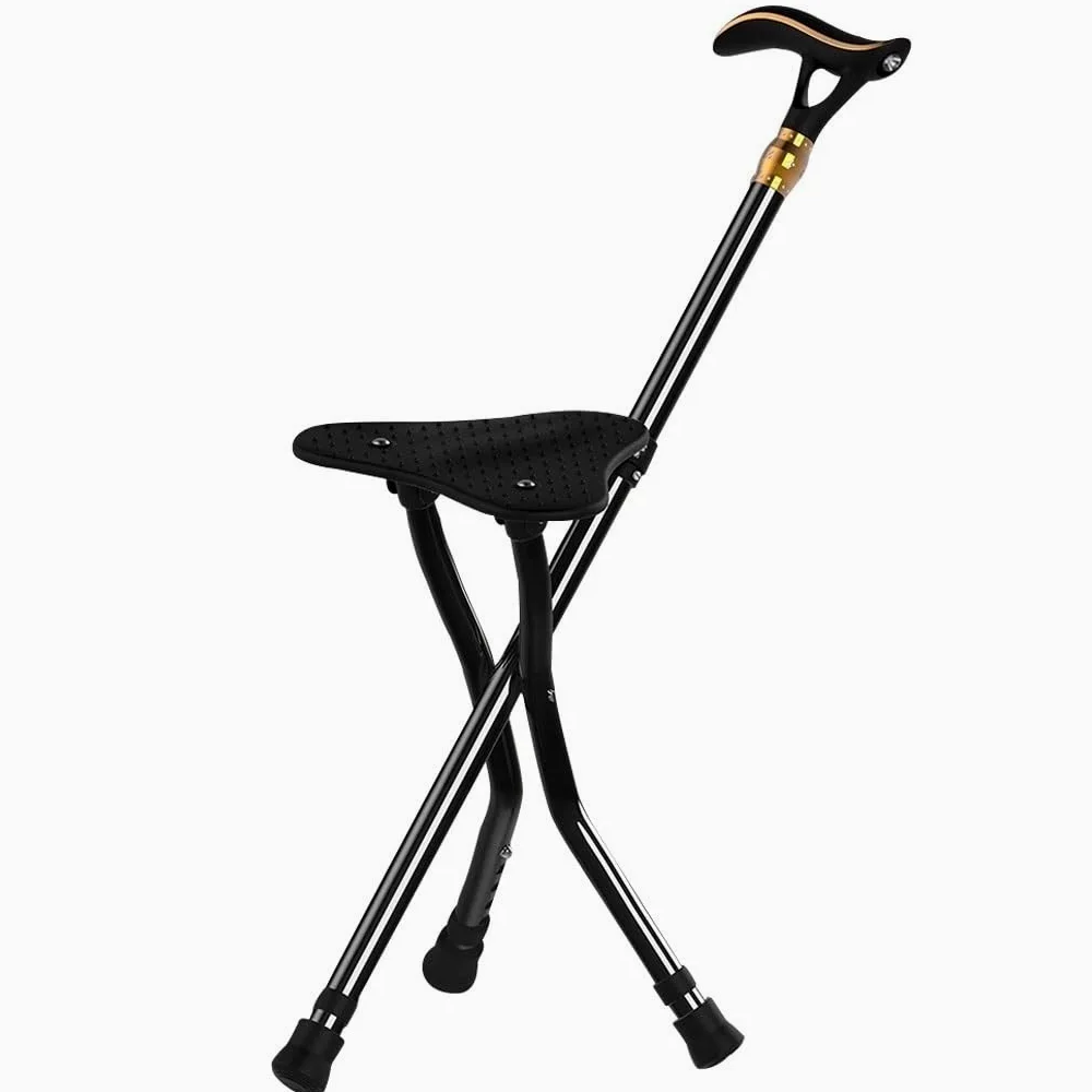 Silla Plegable, Taburete de bastón con luz LED y Alarma, 5 Marchas, Altura: 24 x 80-90 cm, Color Negro