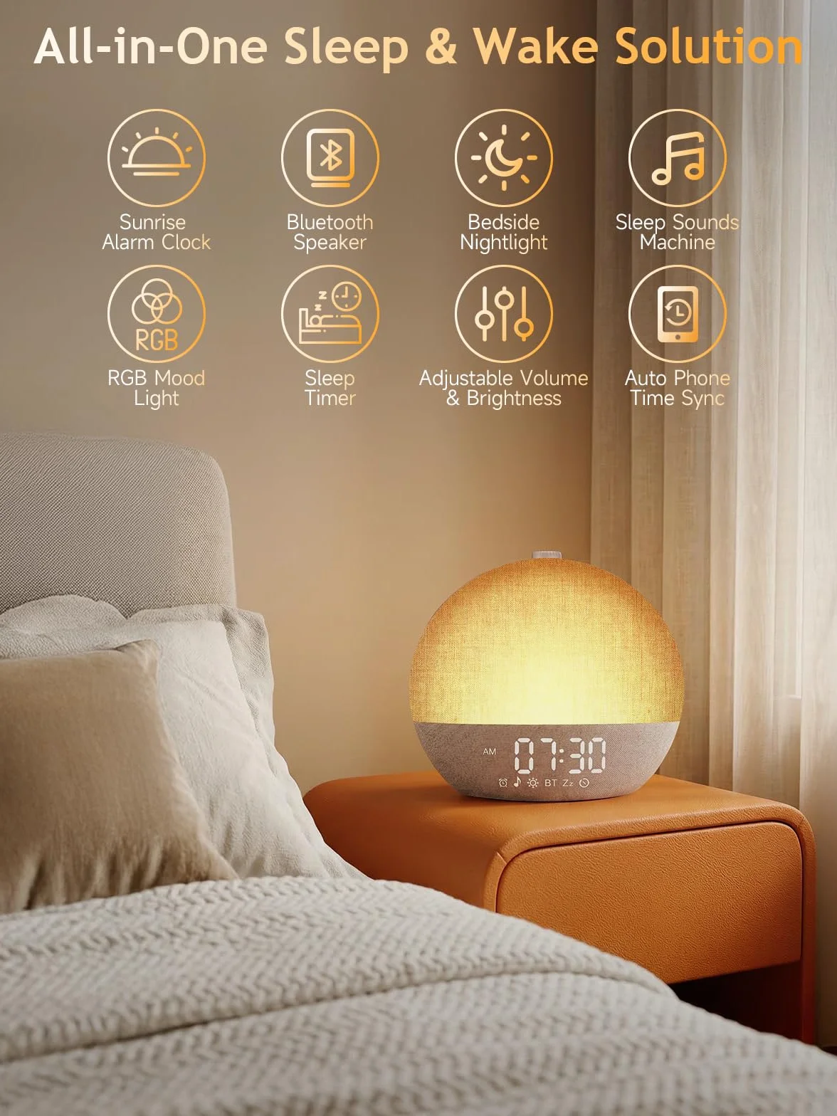 Despertador de Simulación de Amanecer con Luz Natural, 17 Tipos de Iluminación, 30 Sonidos Relajantes, Bluetooth y Alarma