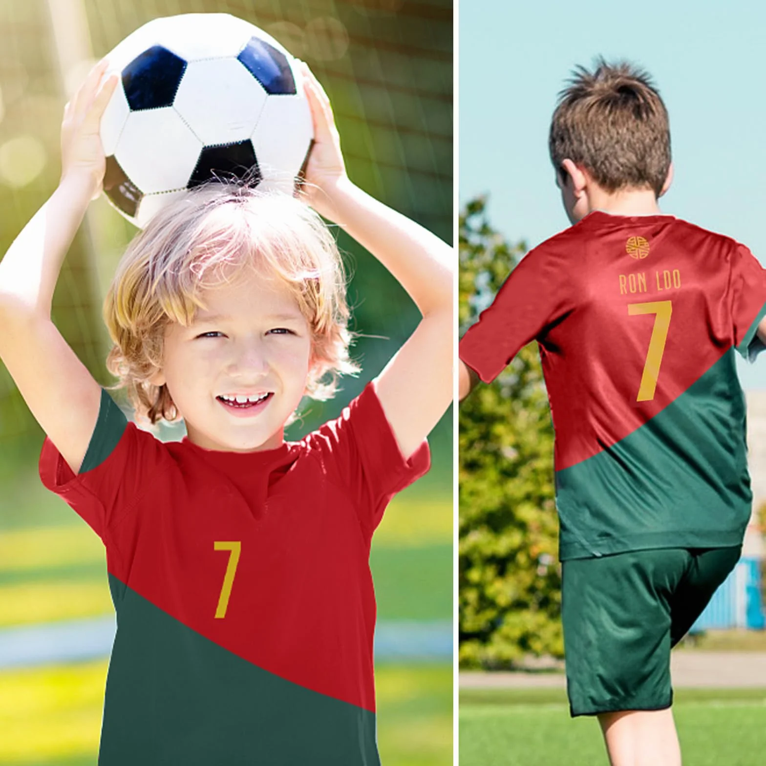Ronronner Conjunto de fútbol para niños, con camiseta, pantalones cortos y calcetines, camiseta roja de jersey de manga corta con el nro. 7, para adultos y niños