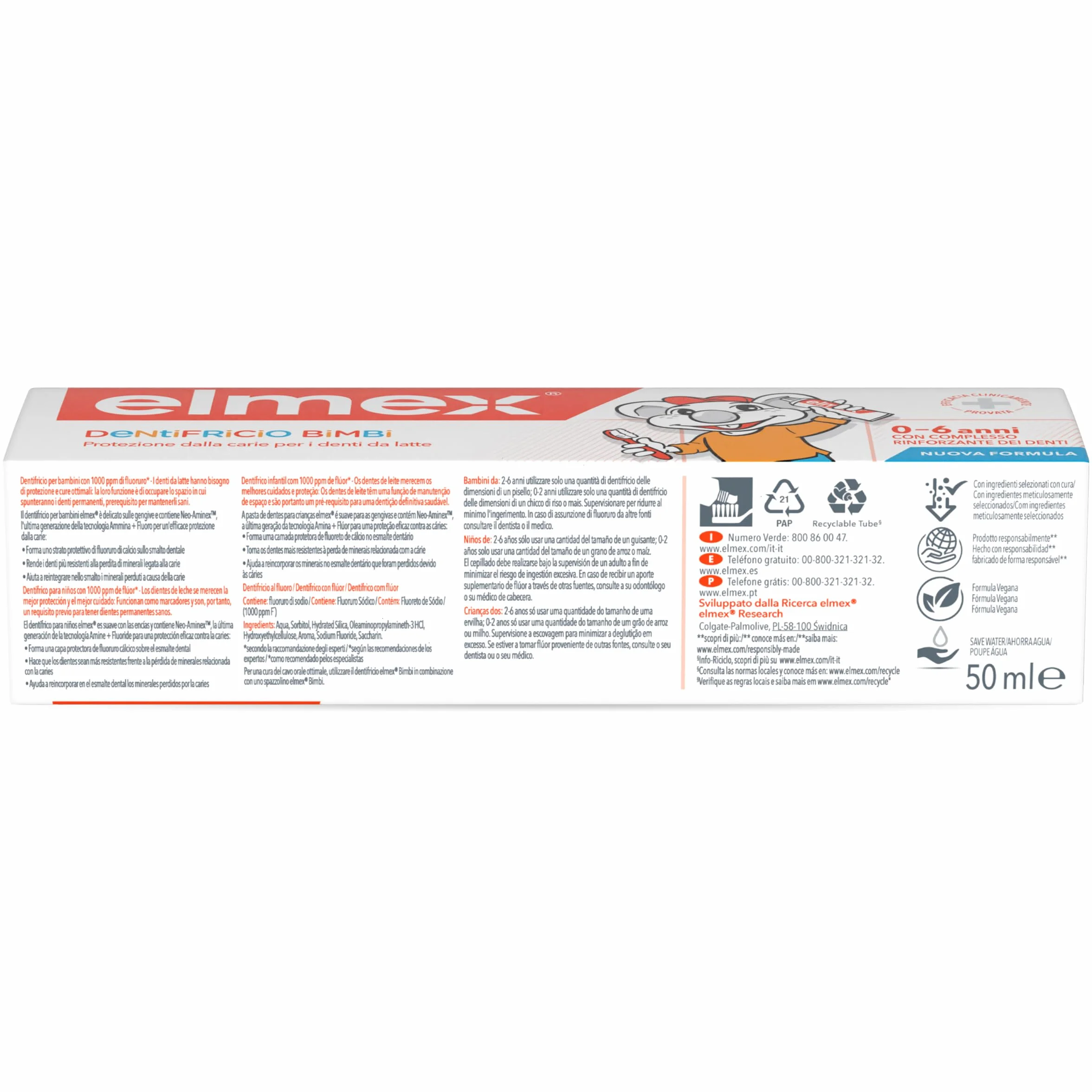 Elmex Pasta de Dientes Infantil Protección Caries 50 ml 1000ppm Fluoruro de Amina 0-6 Años