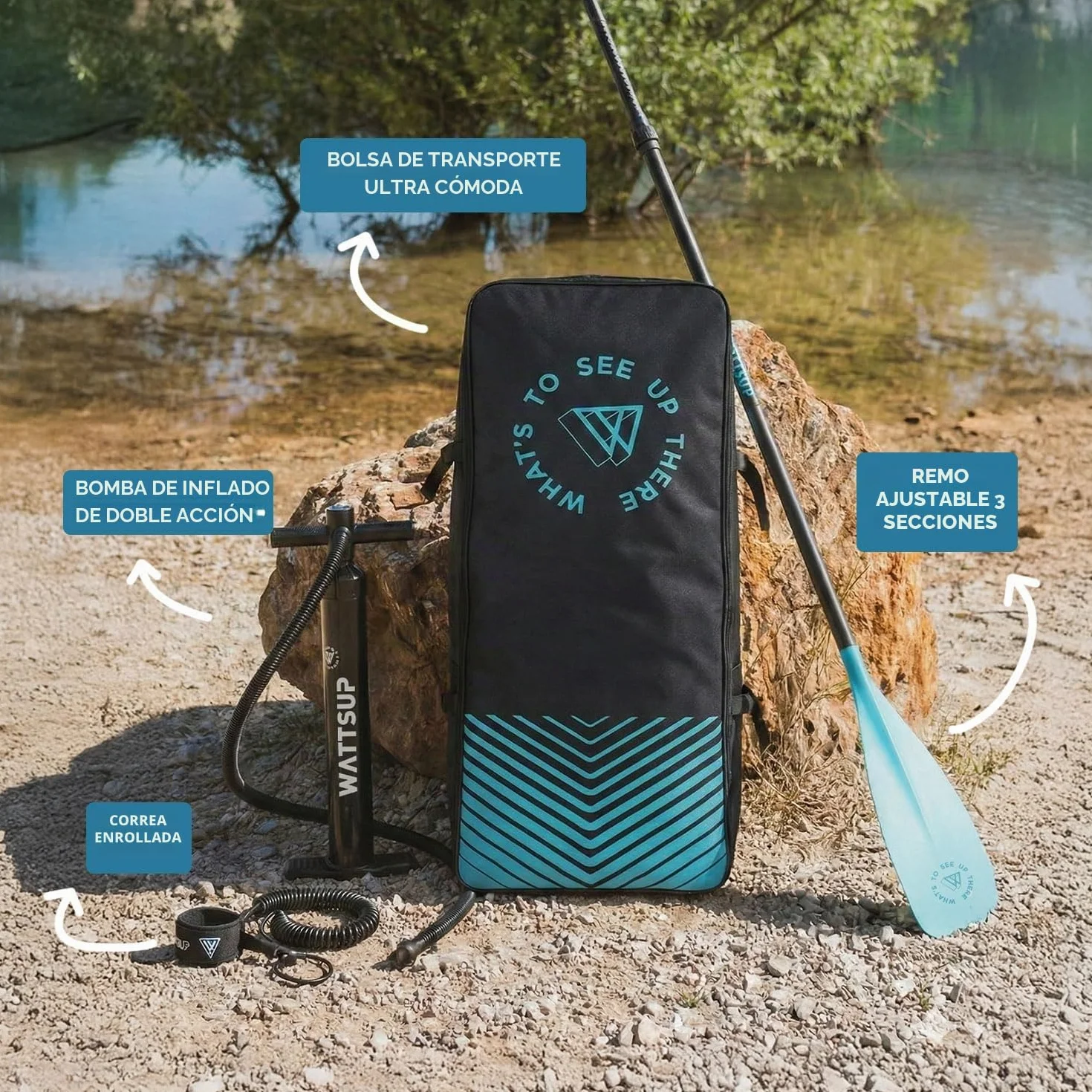 Wattsup - Sup Stand Up Paddle Inflable - Gama First - Dropstitch - Pack Completo: Remo, Leash, Bomba, Bolsa de Transporte