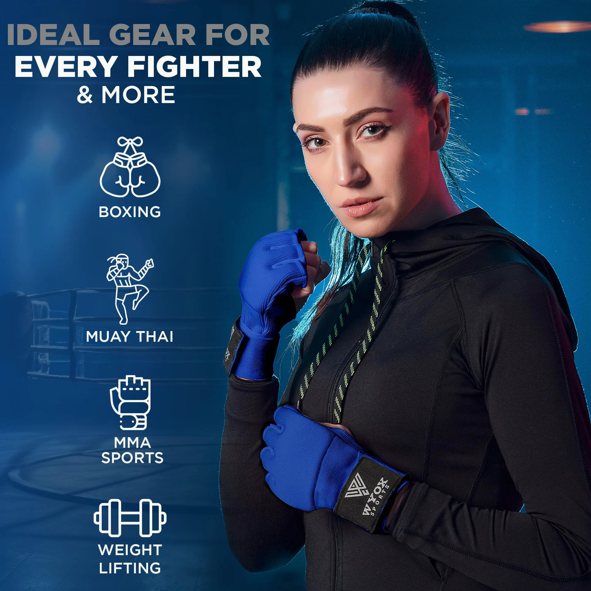 WYOX Guantes interiores de boxeo de gel para hombres y mujeres, correa de muñeca rápida de 80 cm, soporte acolchado para nudillos, sin dedos, artes marciales mixtas, Muay Thai, kickboxing, para