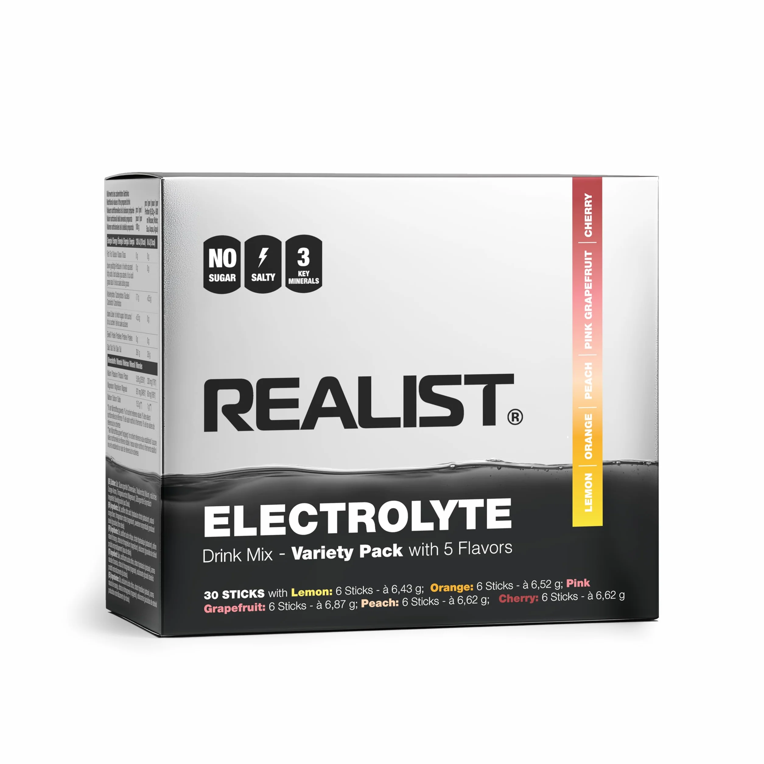 REALIST Electrolitos sin azúcar – Polvo electrolito con 1000 mg sodio, 330 mg potasio, 60 mg magnesio – Hidratación Rápida – Deportes, KETO, ayuno (30 sobres)