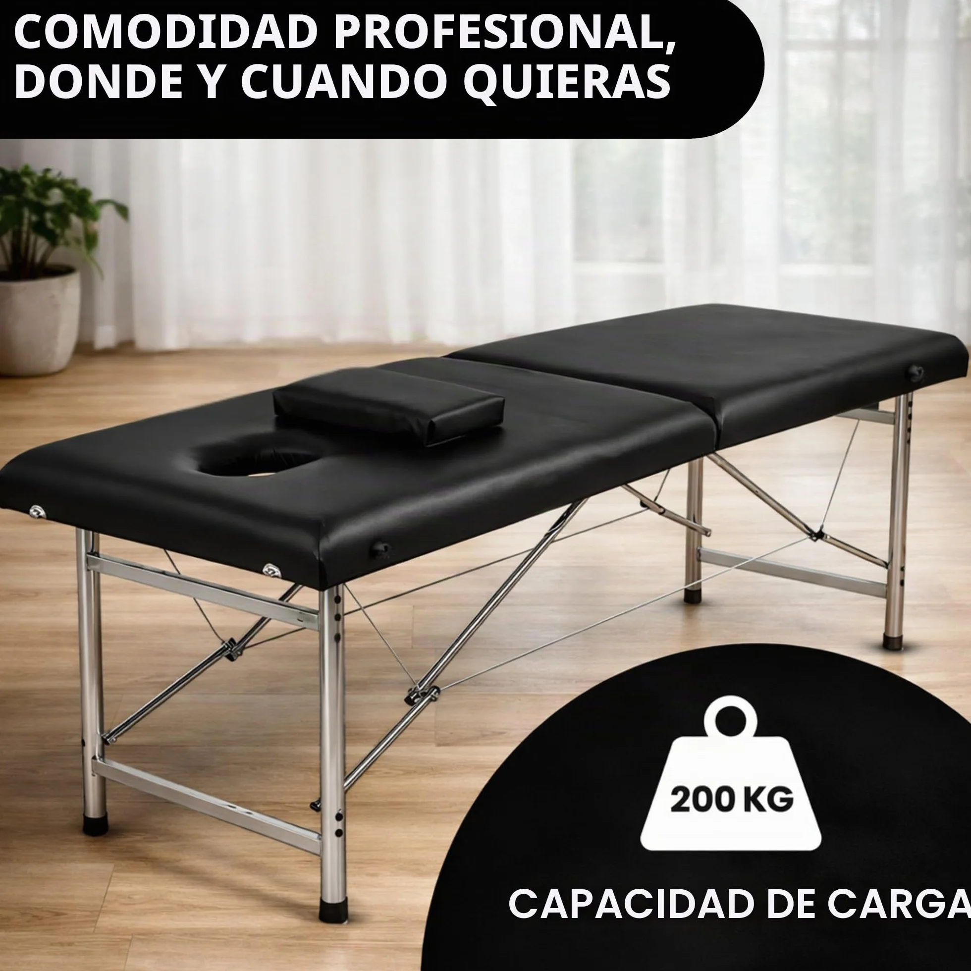 Mesa de masaje plegable profesional Maya de 2 planos, aluminio negro