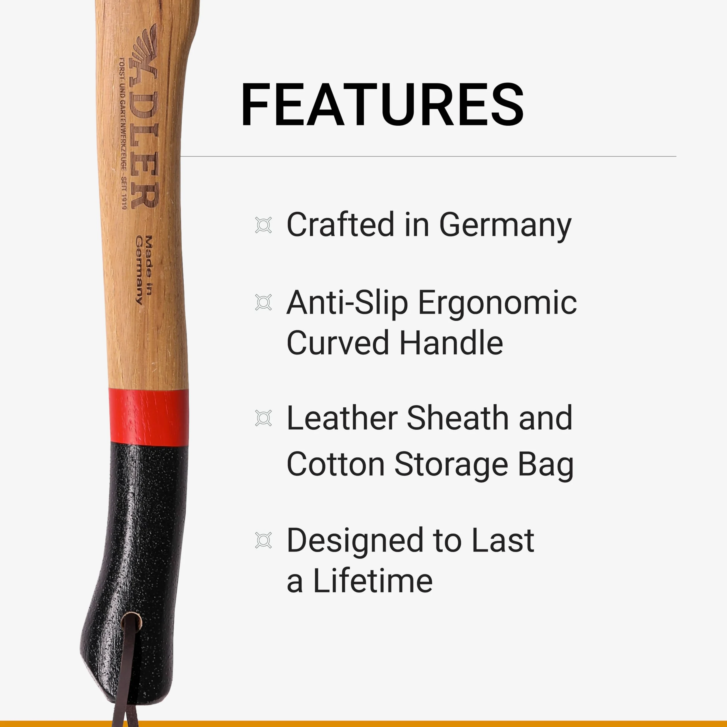 Adler Yankee Hatchet – alemán fabricado con un mango de 15 pulgadas recubierto con pintura de agarre antideslizante – 1,5 libras de peso de la cabeza Funda de piel y bolsa de almacenamiento de
