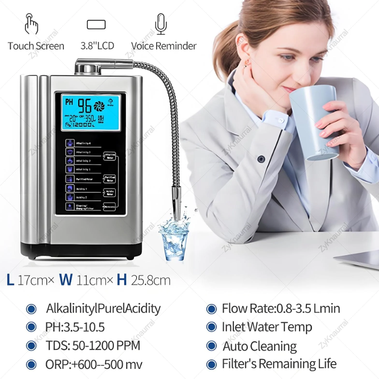 Máquina De Agua Electrolizada, Ionizador De Agua Alcalina De Ph 3.5-10.5, Valor De Orp Hasta -500 Mv, 8000 Litros Por Filtro, 7 Configuraciones De Calidad Del Agua, Limpieza Automática Silver