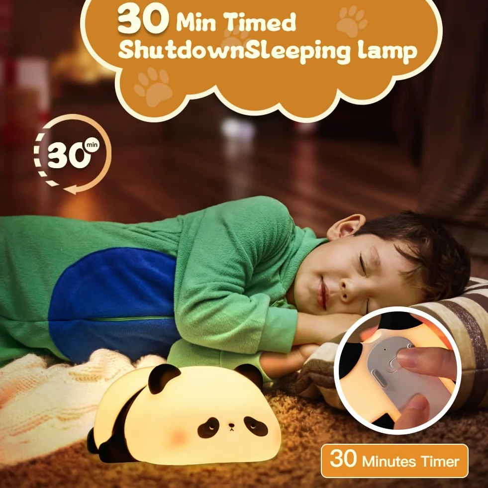 Luz Nocturna Infantil Panda de Silicona, Ajustable 3 Niveles Brillo 30Min Temporizador, USB Recargable LED Lámpara Regalo Niños